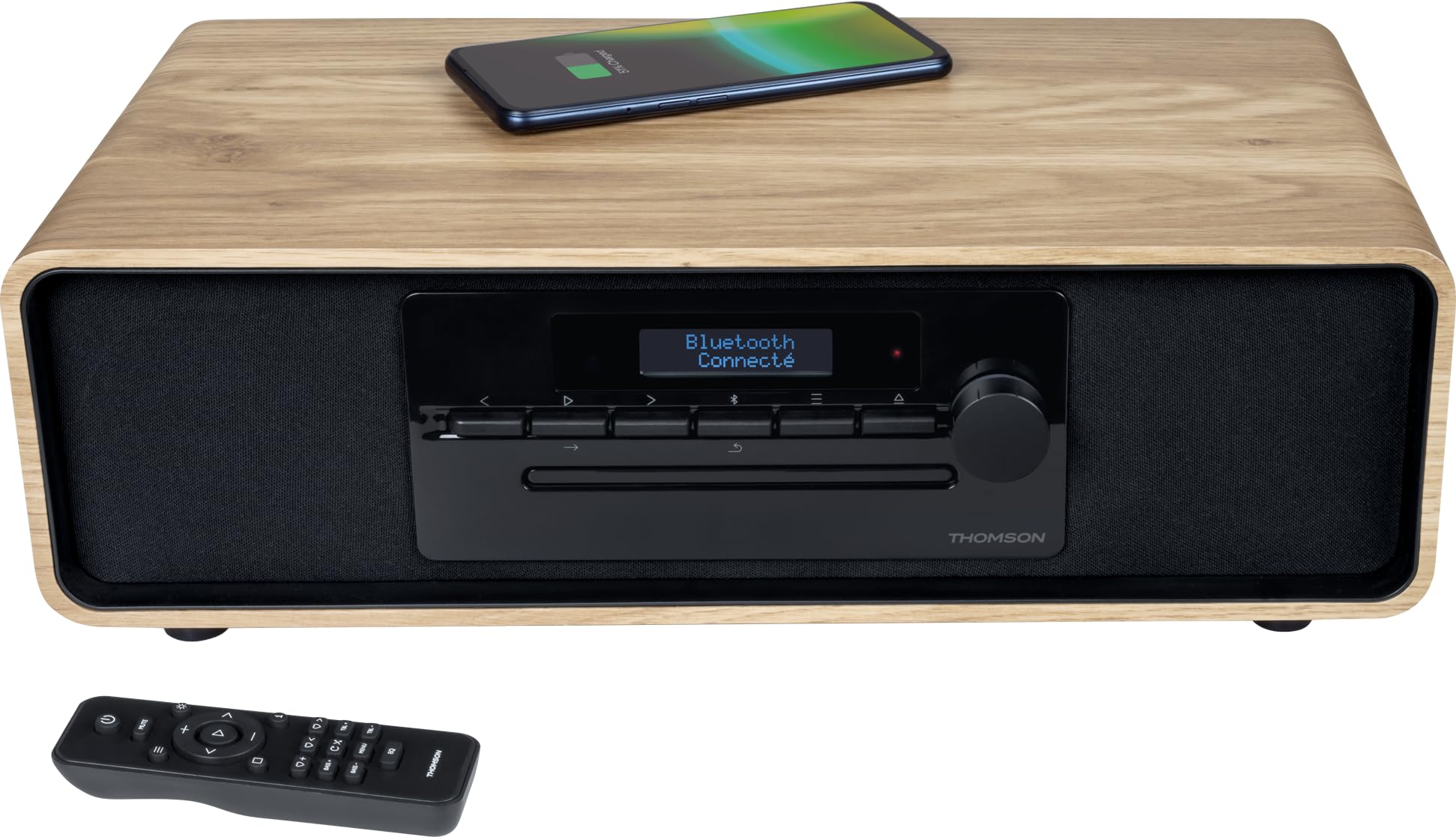 Micro-​chaîne Bluetooth - THOMSON - Bois/​Noir - Radio FM/​DAB+/​CD/​MP3/​USB/​Induction, 75W, Affichage LCD, Télécommande, Alim. 23