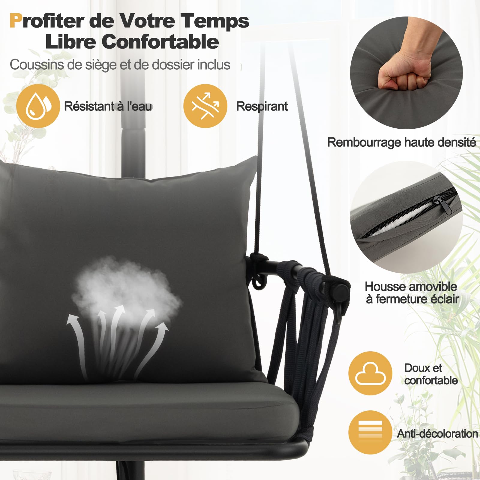 DREAMADE Chaise Suspendue Pliable avec Support Métallique,Balançoire avec Coussin&Oreiller&Dossier en Corde Tissée,Chaise Hamac Suspendue Intérieur Extérieur Charge de 150KG