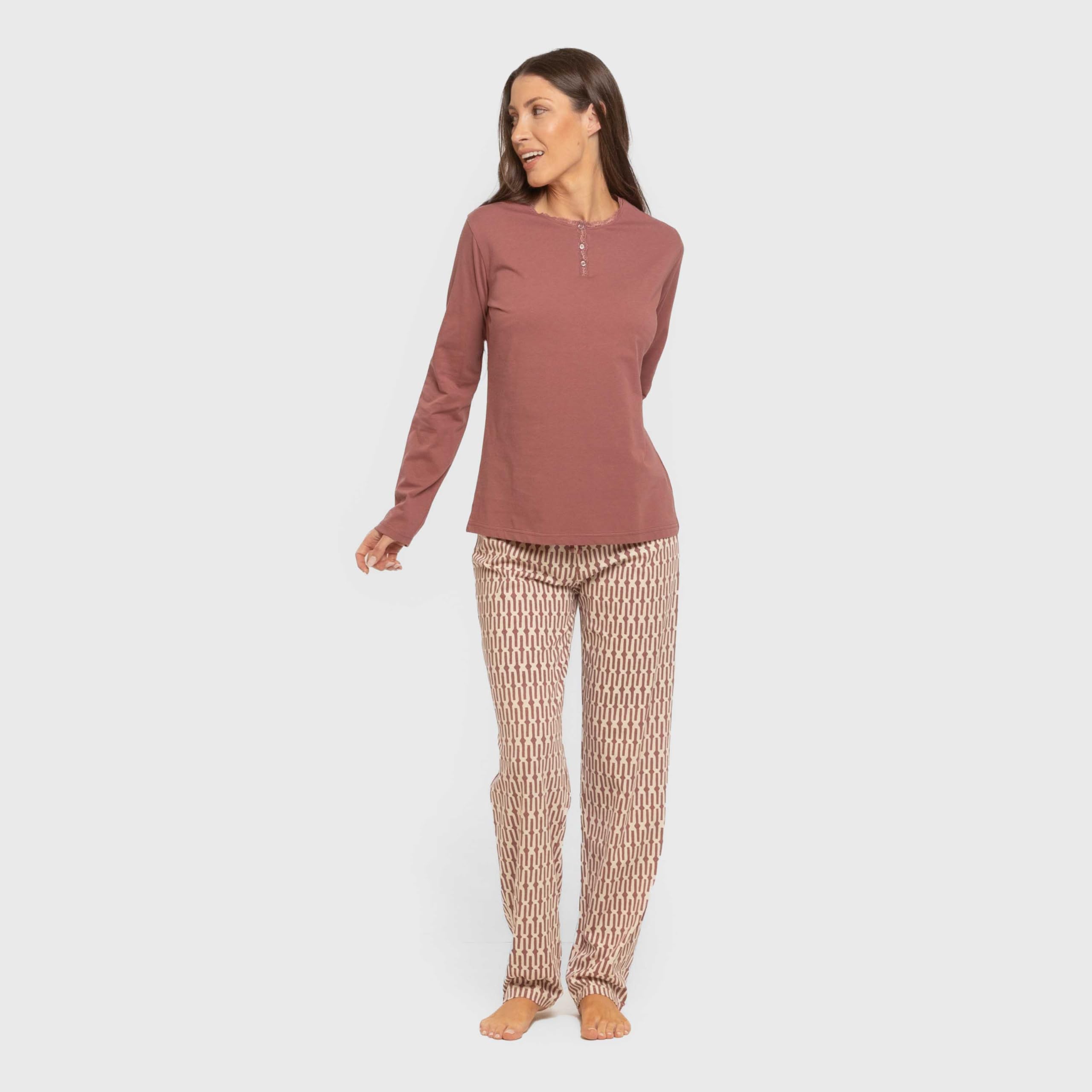 TRAMAS+ Pyjama 100% Coton pour Femme, Pyjama Long pour Femme, Ensemble t-Shirt à Manches Longues et Pantalon Long avec Taille Ajustable, Ensemble pour Femme