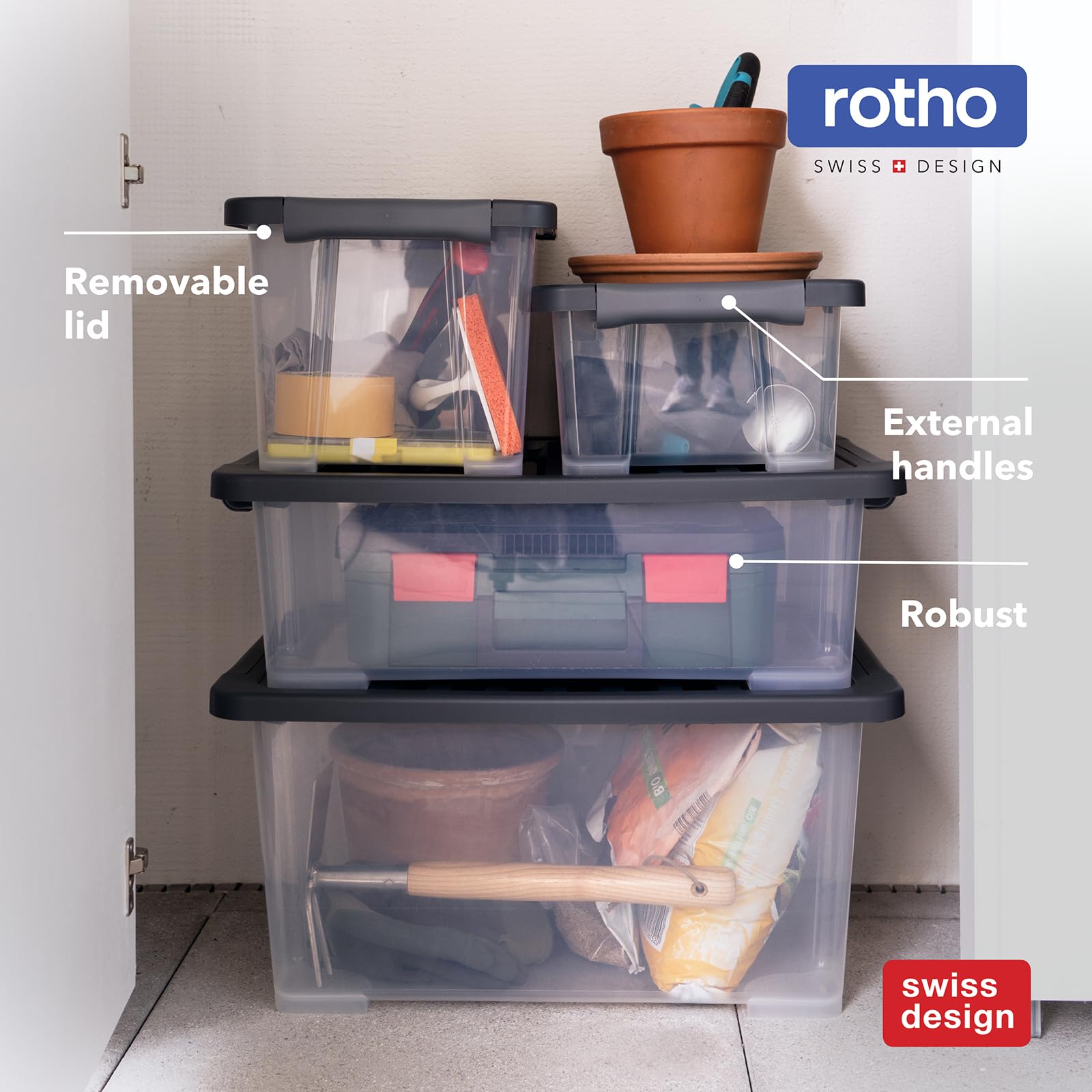Rotho 4er-Set Core Plus Aufbewahrungsboxen mit Deckel 44l - Boxen Stapelbar | Transparente Kunststoffkiste 59x39,5x28 cm mit Griffen für Keller & Büro, 44 Liter Ordnungssystem mit App-Anbindung