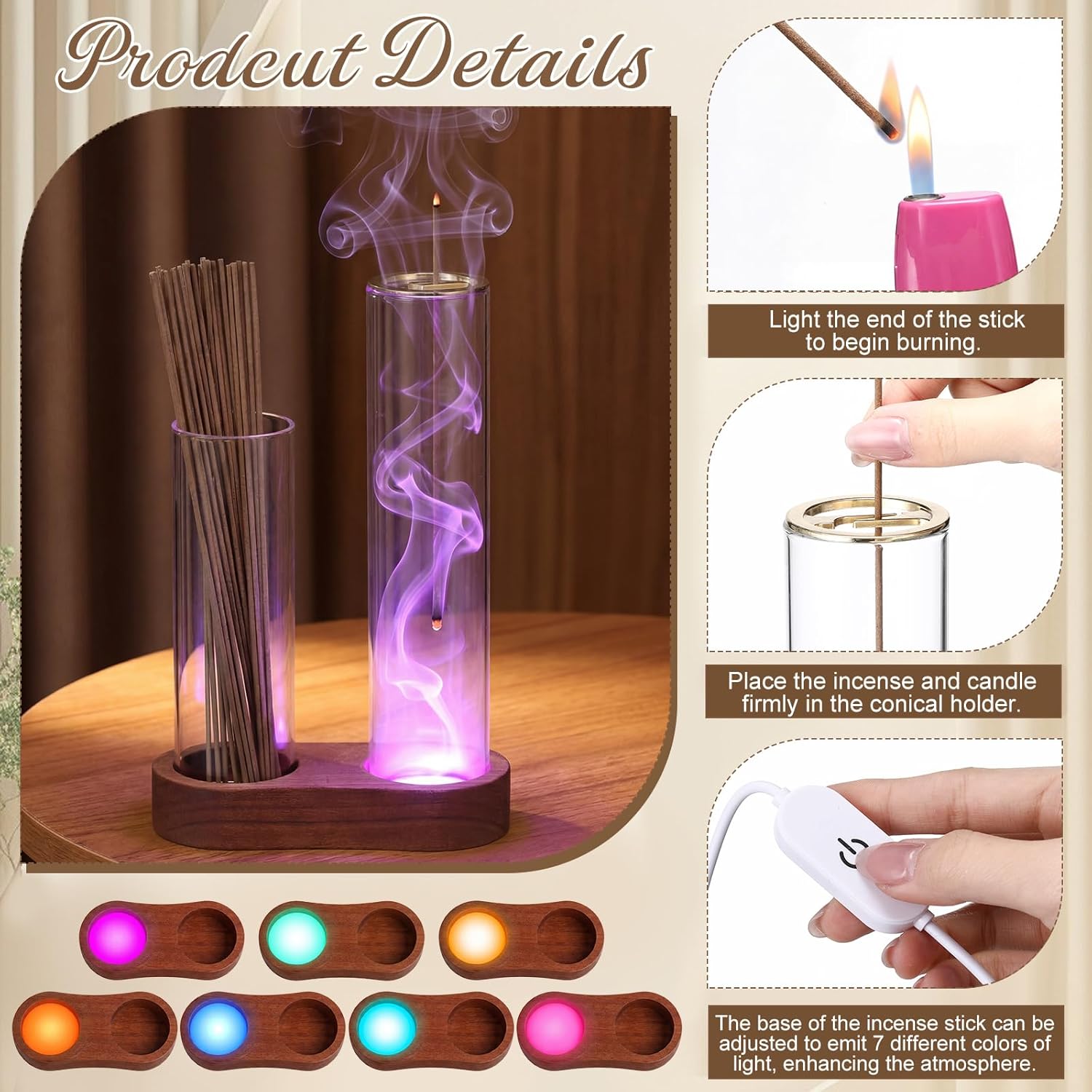 Glass Glowing Incense Holder, Incense Sticks Burner Holder with Storage, Hang Upside Down Incenses Holders for Sticks with Glass Ash Catcher for Meditation Yoga Spa Room Decor