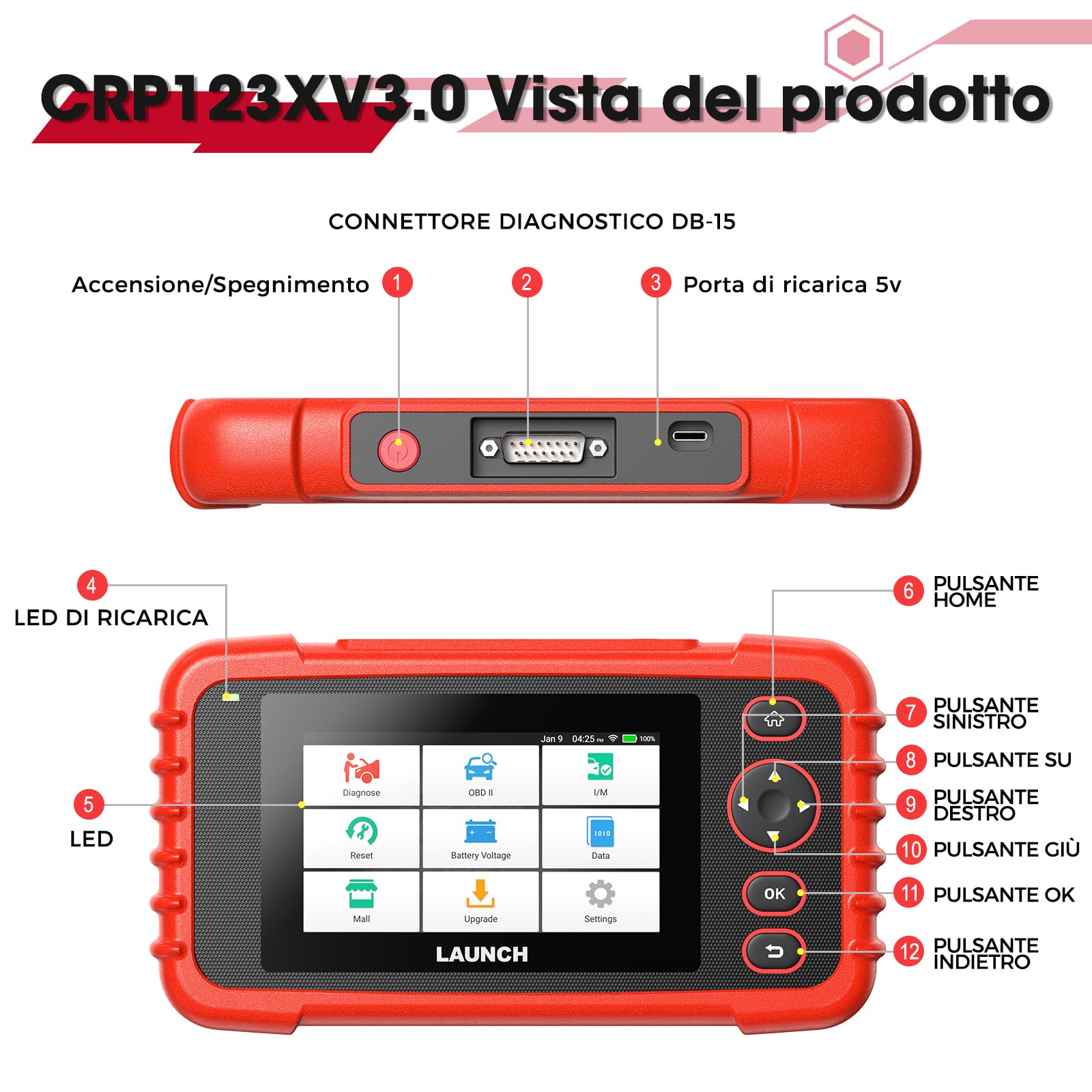 LAUNCH CRP123X V3.0 - OBD2 Diagnostica Auto Professionale per Tutte le Marche - Scanner 4 Sistemi, Reset EPB/FAP/Olio, SAS/BMS/TPMS, Test Batteria, Lettura VIN CON AGGIORNAMENTI GRATUITI A VITA