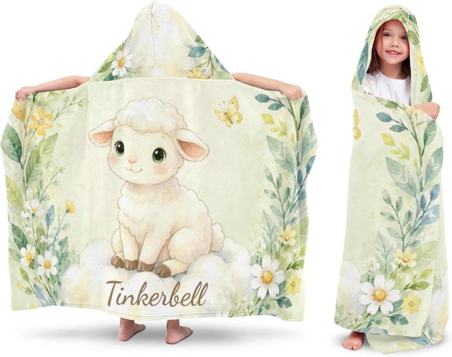 Custom Jungle Leaves Wreath Cloud Sheep Hooded Bath Beach Towel,Oversize 50"x30" Beach Bath Pool Hood Towel for Kids Gifts