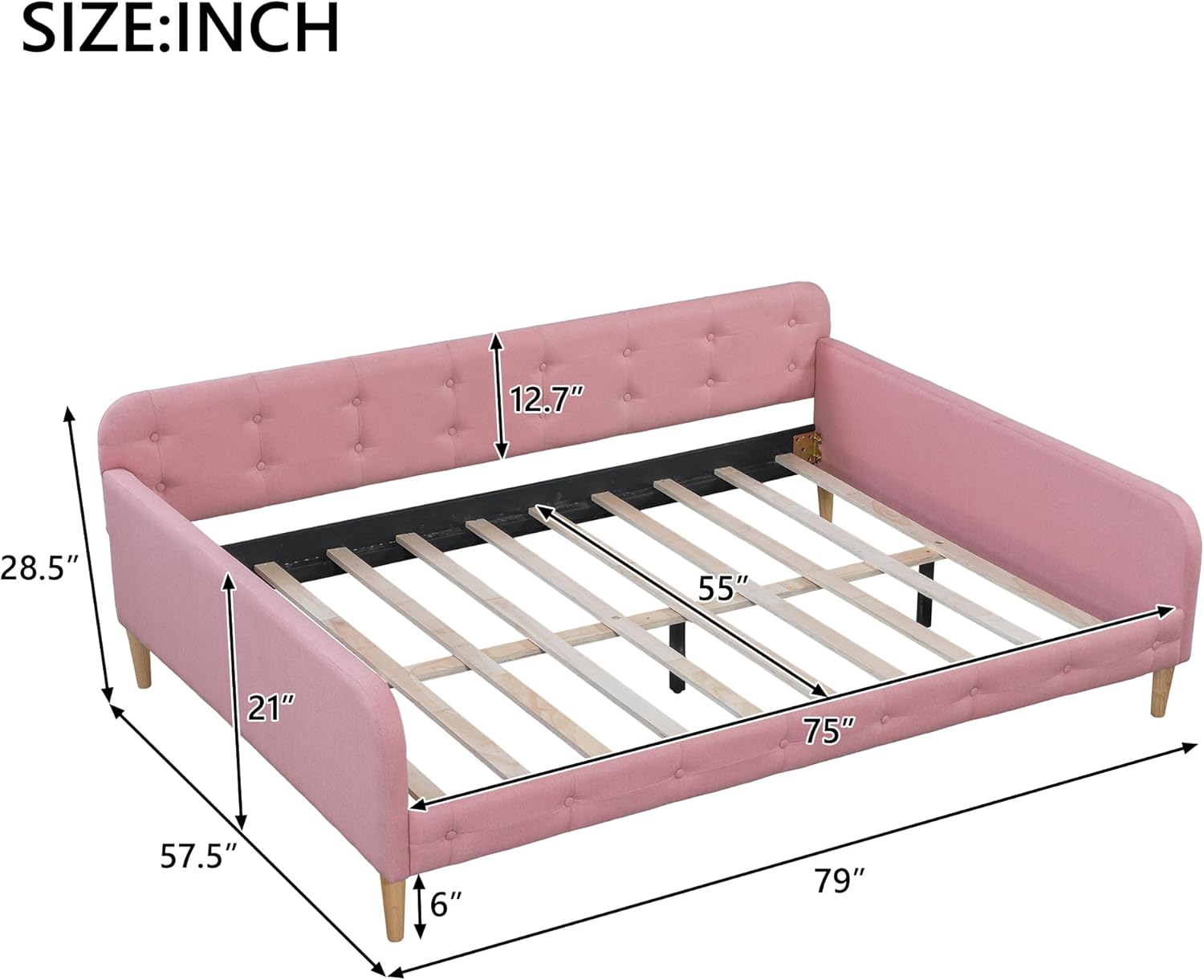 Queen Upholstered Daybed with Wooden Legs & Support Slats, No Box Spring Needed, Sturdy MDF & Pine Frame, Multi-Functional Sofa Bed (Pink, Queen)