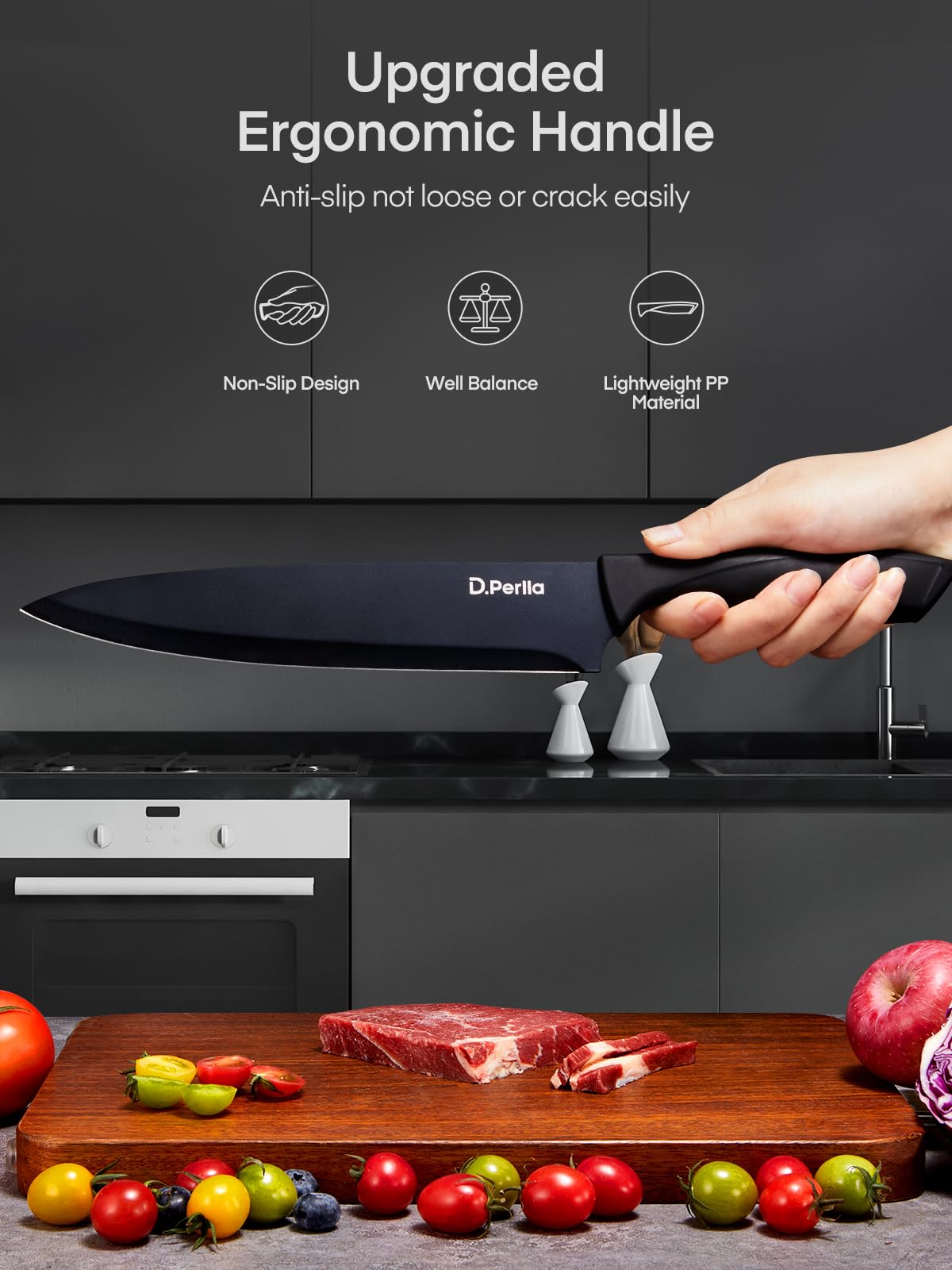 D.Perlla Juego de Cuchillos de Cocina Profesional 6 piezas Cuchillos Acero Inoxidable Cuchillo Chef Mango Ergonómico, Negro (Paquete de 2)