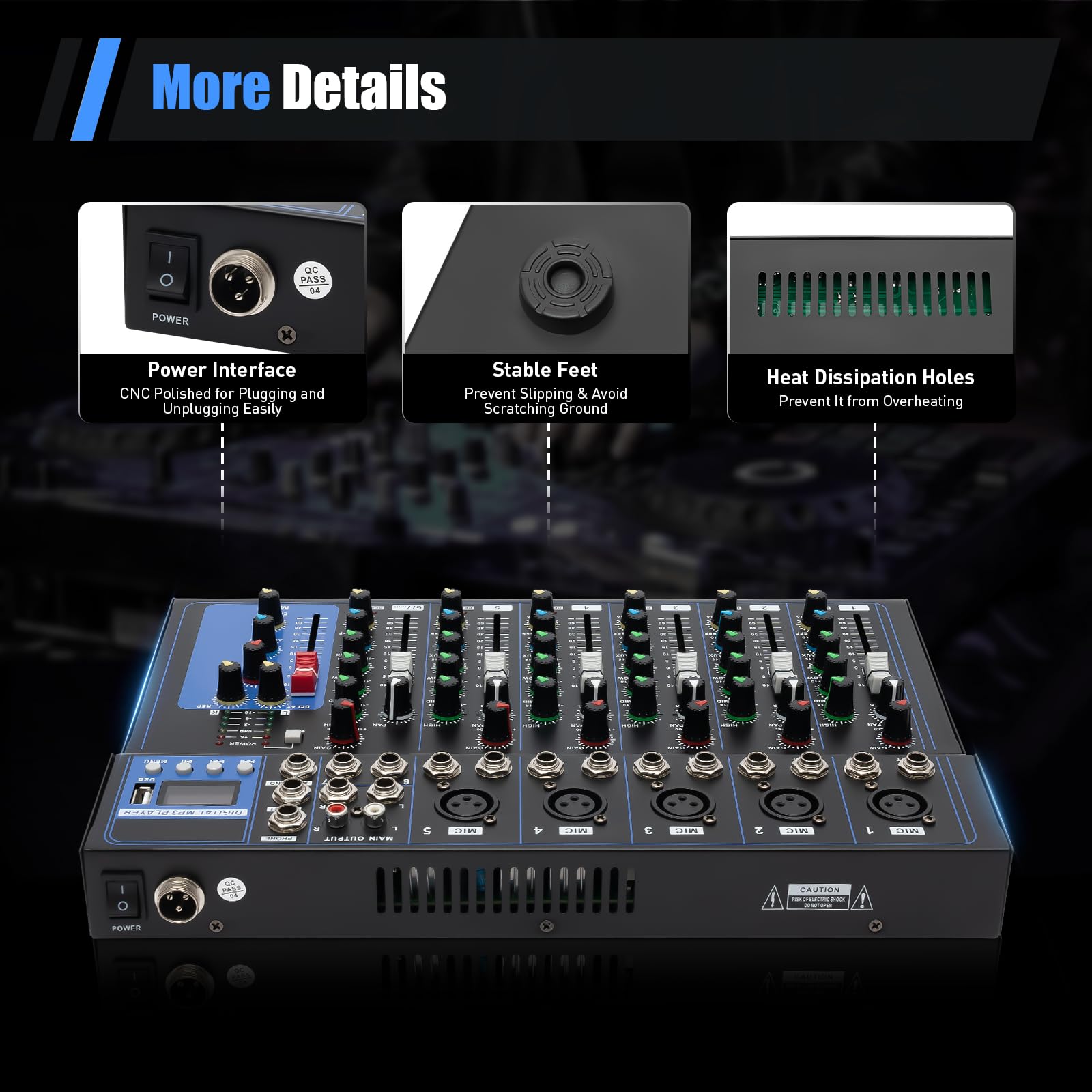 Mezclador de audio Bluetooth de 7 canales, mezclador de DJ, mezclador de audio y USB, 2 entradas de micrófono, puerto USB, para micrófonos, guitarras, bajos, teclados, mezcladores, instrumentos, etc