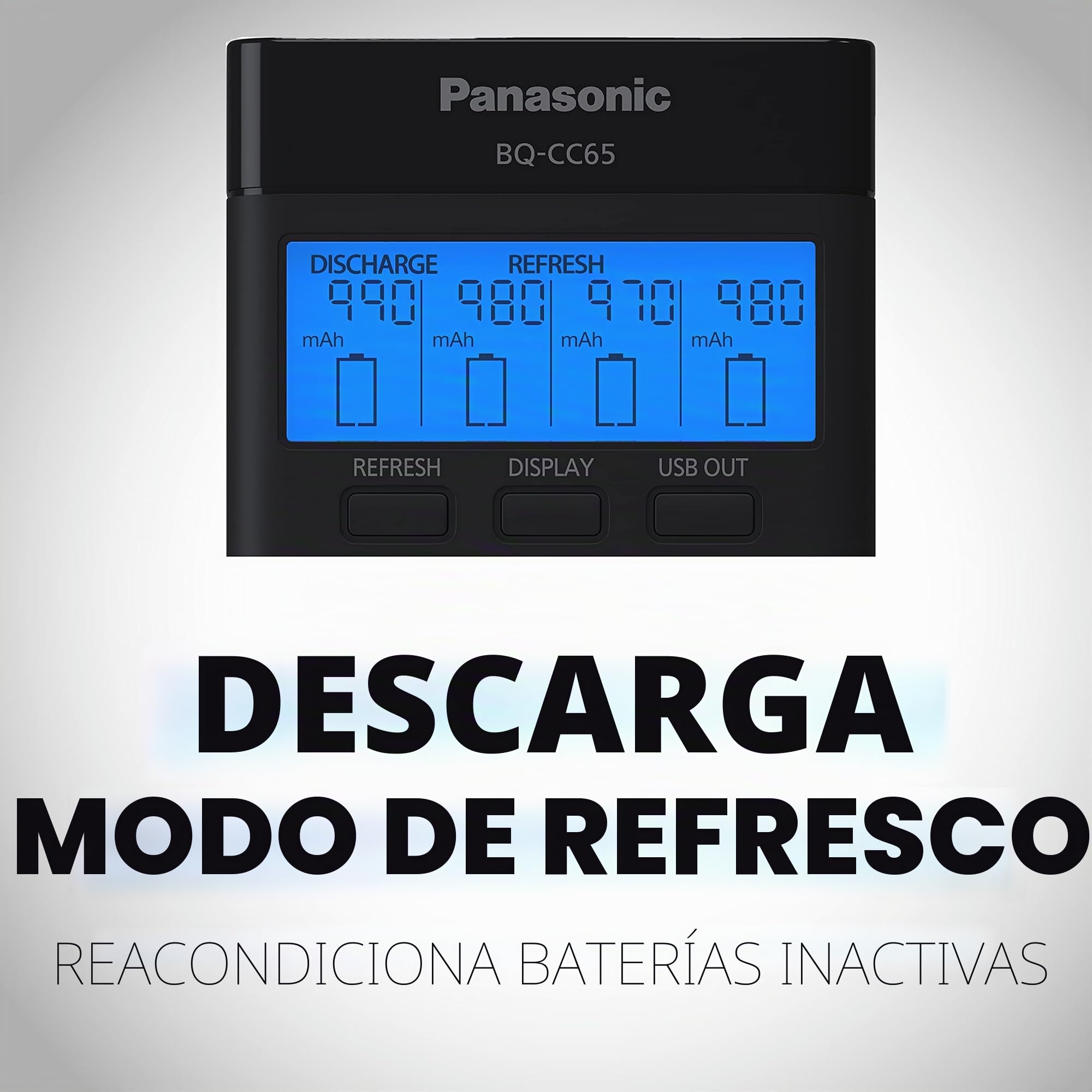 Panasonic BQ-CC65AKBBA Super Advanced Eneloop Pro y Eneloop Cargador rápido de 4 Posiciones con Panel indicador LCD y Puerto de Carga USB, Negro