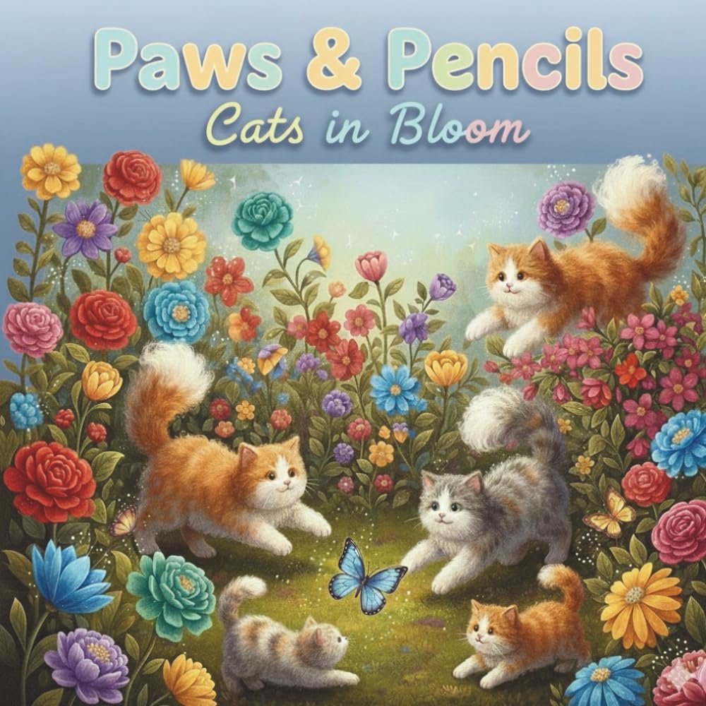 Paws & Pencils: Cats in Bloom is a delightful coloring book filled with adorable cats, flowers, and playful scenes designed to inspire creativity and calm moments.