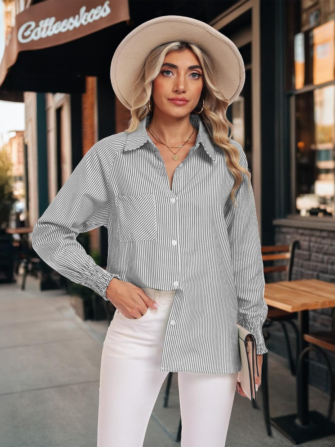 Feiersi Women's Button Down Shirts Long Sleeve Smocked Cuffed Striped Work Blouses Tops with Pocket Shirred - Image 3