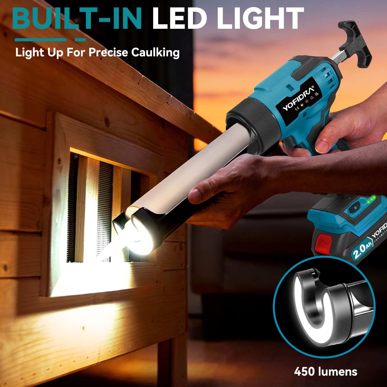 Pistolet à Silicone Électrique 600 kg 6 Vitesses Lumière LED 2 Batteries 2.0Ah 13 Accessoires 5 Buses 300ml