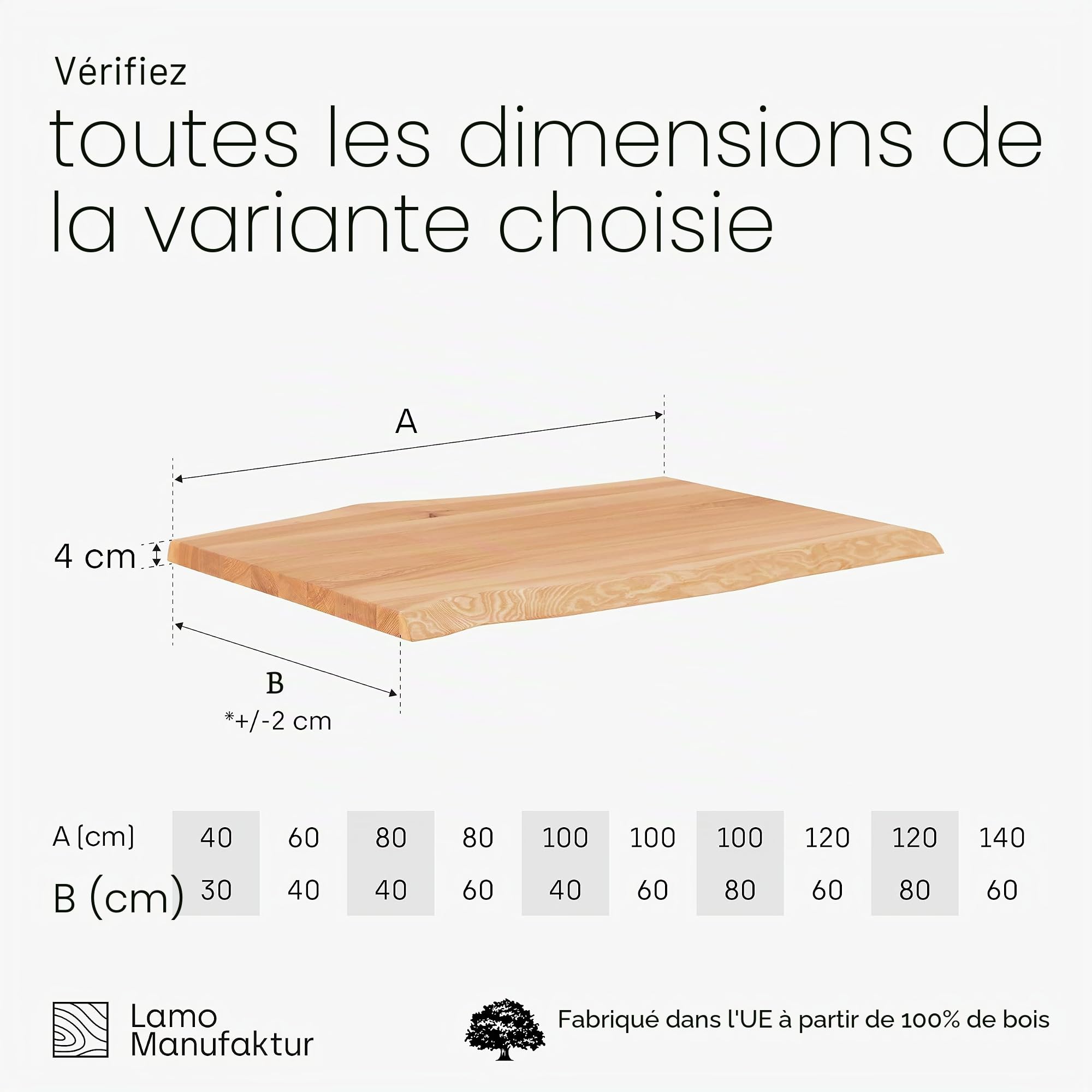 LAMO Manufaktur Plateau en Bois Massif pour Table ŕ Manger et Bureau, Bords biseautés arrondis, 120x80 cm, Fręne Naturel, LHB-01-A-002-120