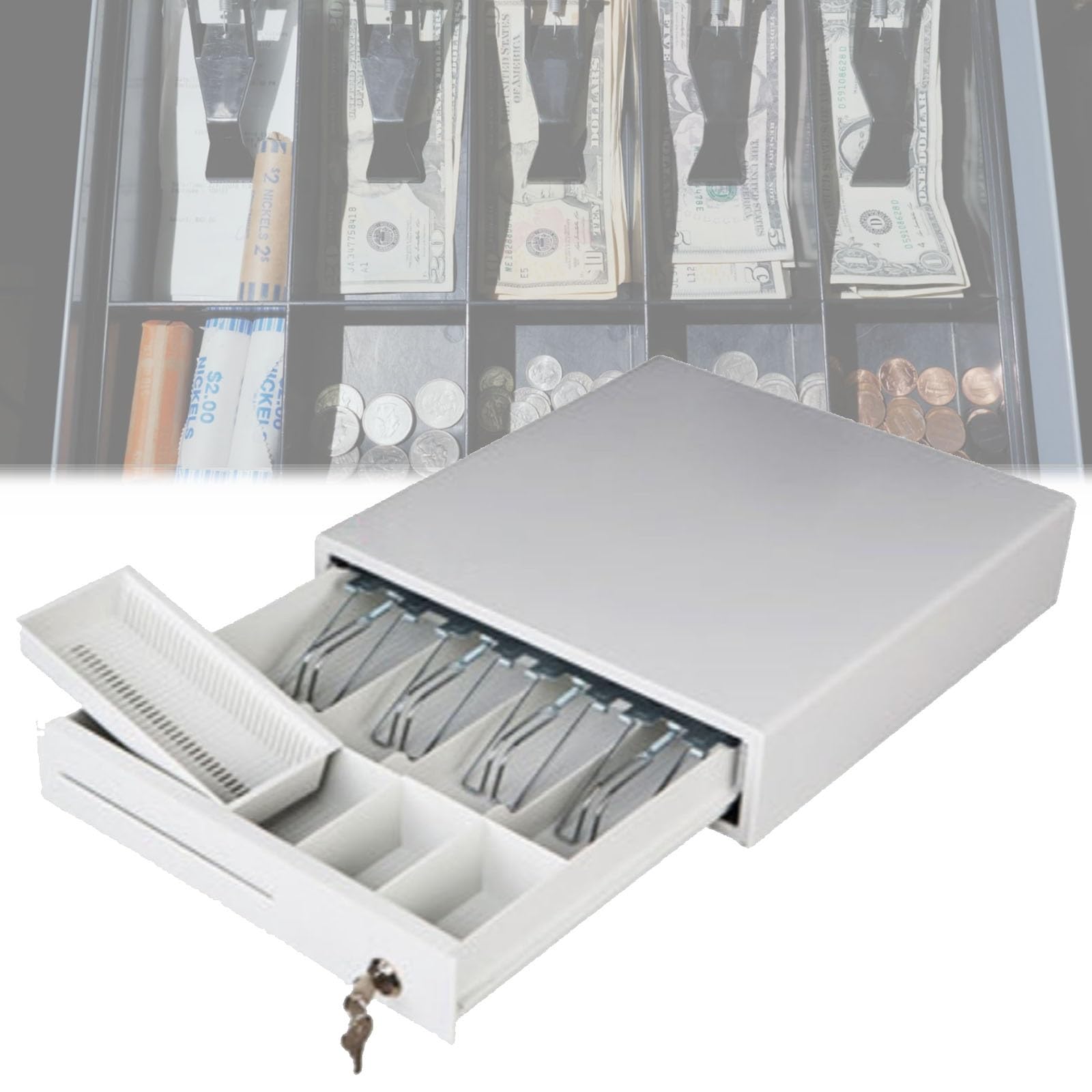 Cajón de caja registradora con compartimentos para monedas y billetes para tiendas y mercados, 4 compartimentos para monedas y 5 compartimentos para notas para transacciones organizadas