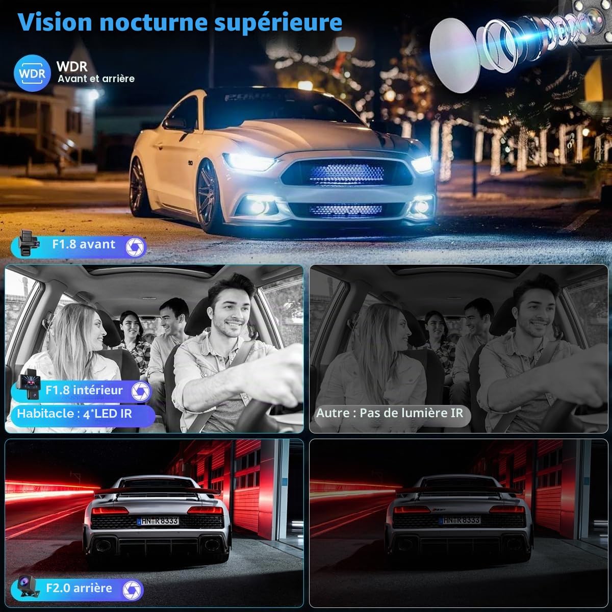 Caméra embarquée Avant arrière avec Surveillance du stationnement, caméra 2K + 1080P avec Carte SD 32 Go, détection de Mouvement, Vision Nocturne Infrarouge, capteur