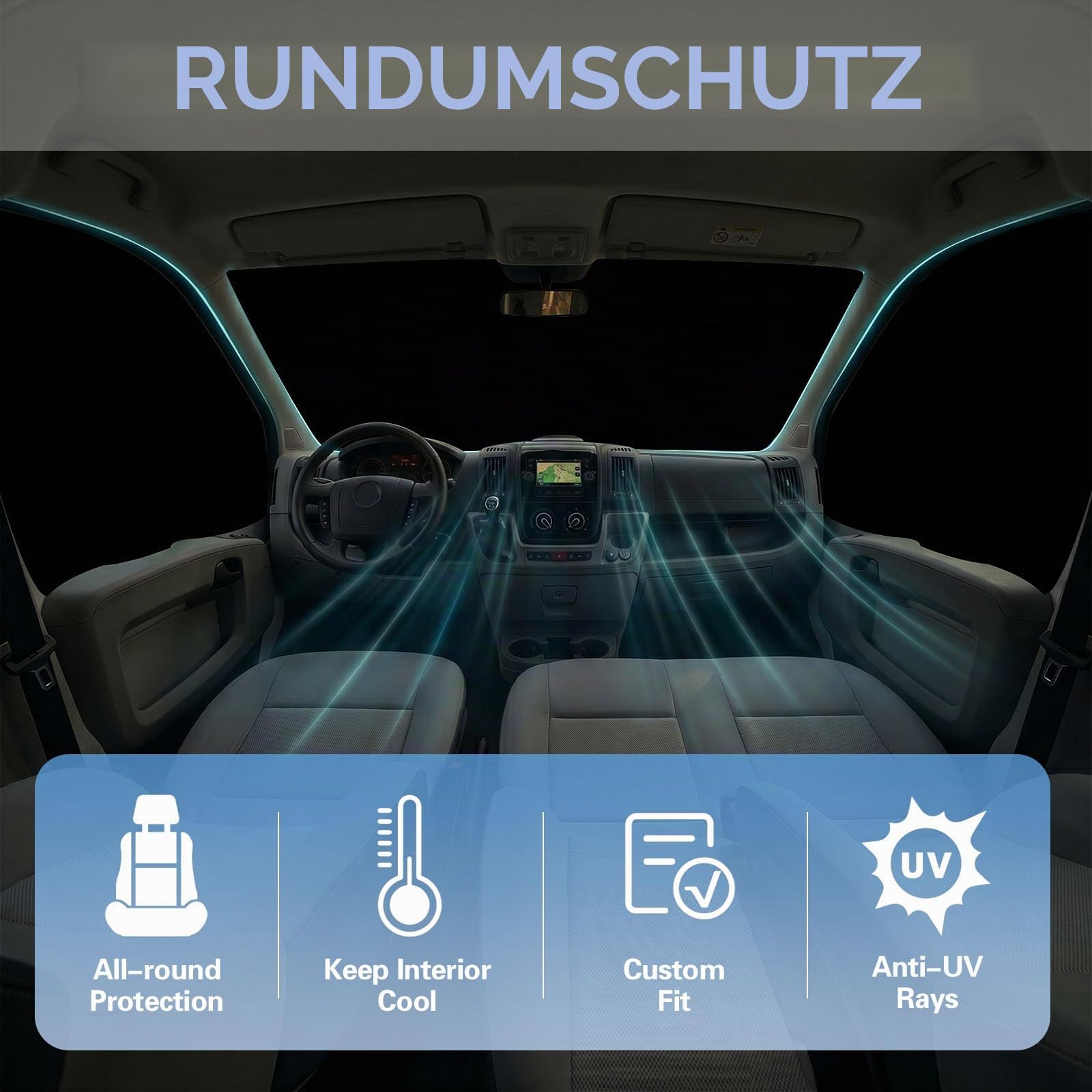 3er Set Auto Sonnenschutz Innen für VW New Transporter (2024-2026) & Ford Transit Custom (ab 2023) | Sonnenschutz Frontscheibe innen faltbar & magnetische Seitenscheiben | Thermomatte Verdunkelung