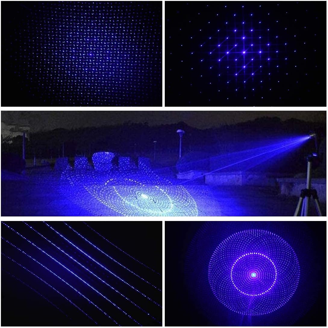 Collage of images showing different blue light patterns projected by the flashlight, including dots, stars, lines, and circular designs.