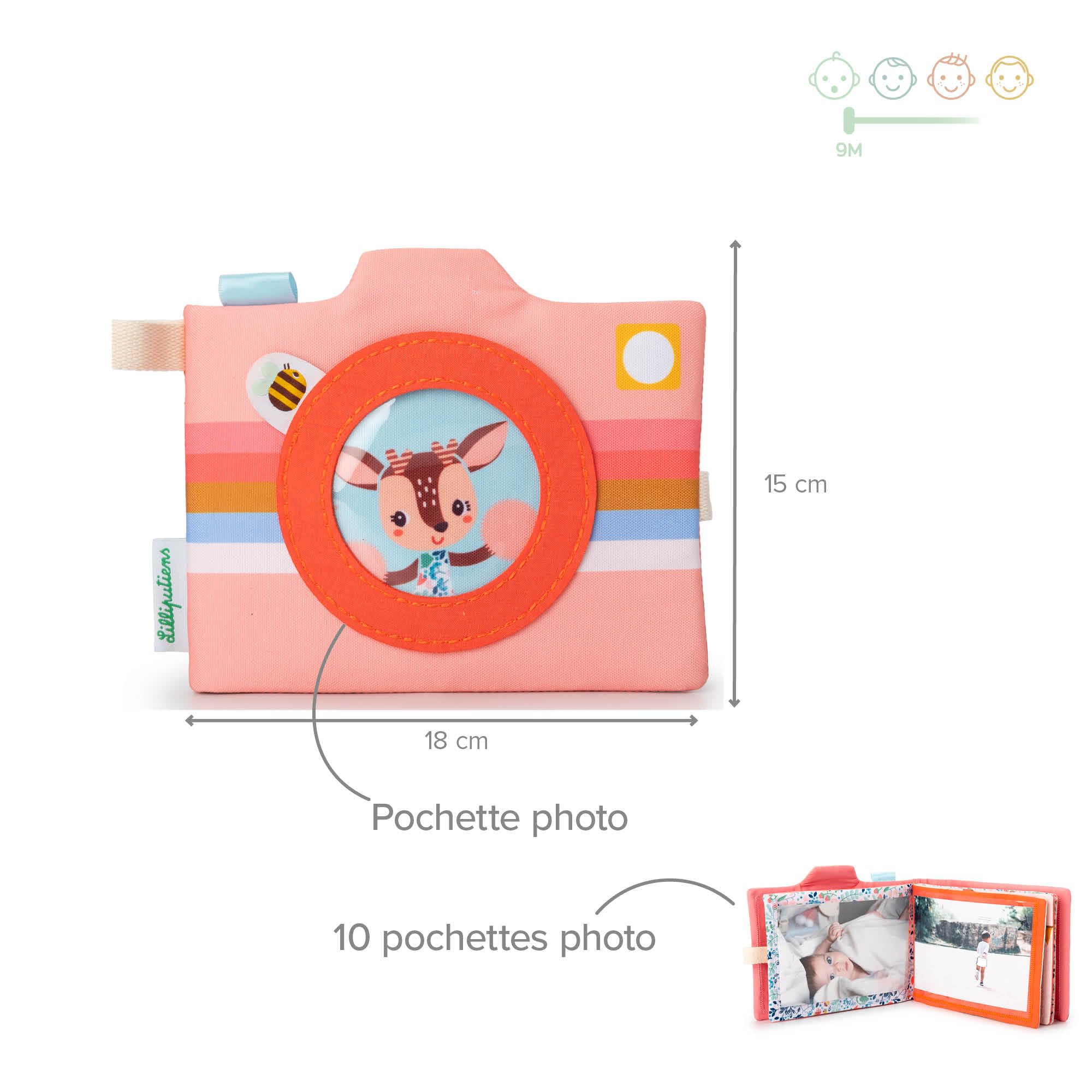 Lilliputiens - Baby-Fotoalbum Stella das Reh - 10 Fototaschen für Erinnerungen - Ideal für die Kita oder Familienausflüge - Lernspaß kombiniert mit Spiel - Personalisierbares Cover -Ab 9 Monaten-83433
