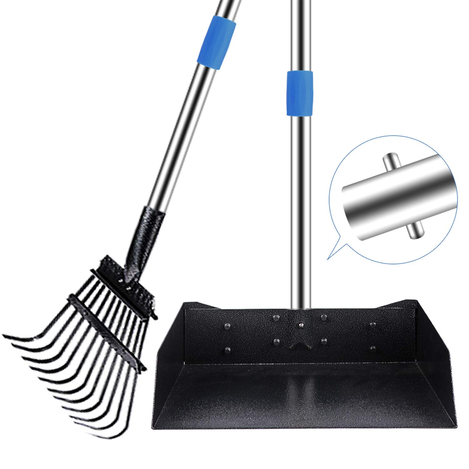 QiMH Upgraded Dog Pooper Scooper Extra Large, Adjustable Long Handle Stainless Metal Pet Poop Tray and Rake Set for Large Medium Small Dogs, Dog Waste Removal Bin Rake, Great for Grass, Street, Gravel