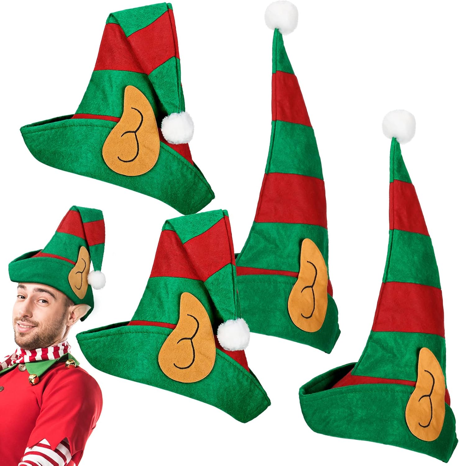 Funtery 4 Pcs Christmas Elf Hat with Ears Red and Green Elf Hats for Women Adults Christmas Holiday Costume Accessory
