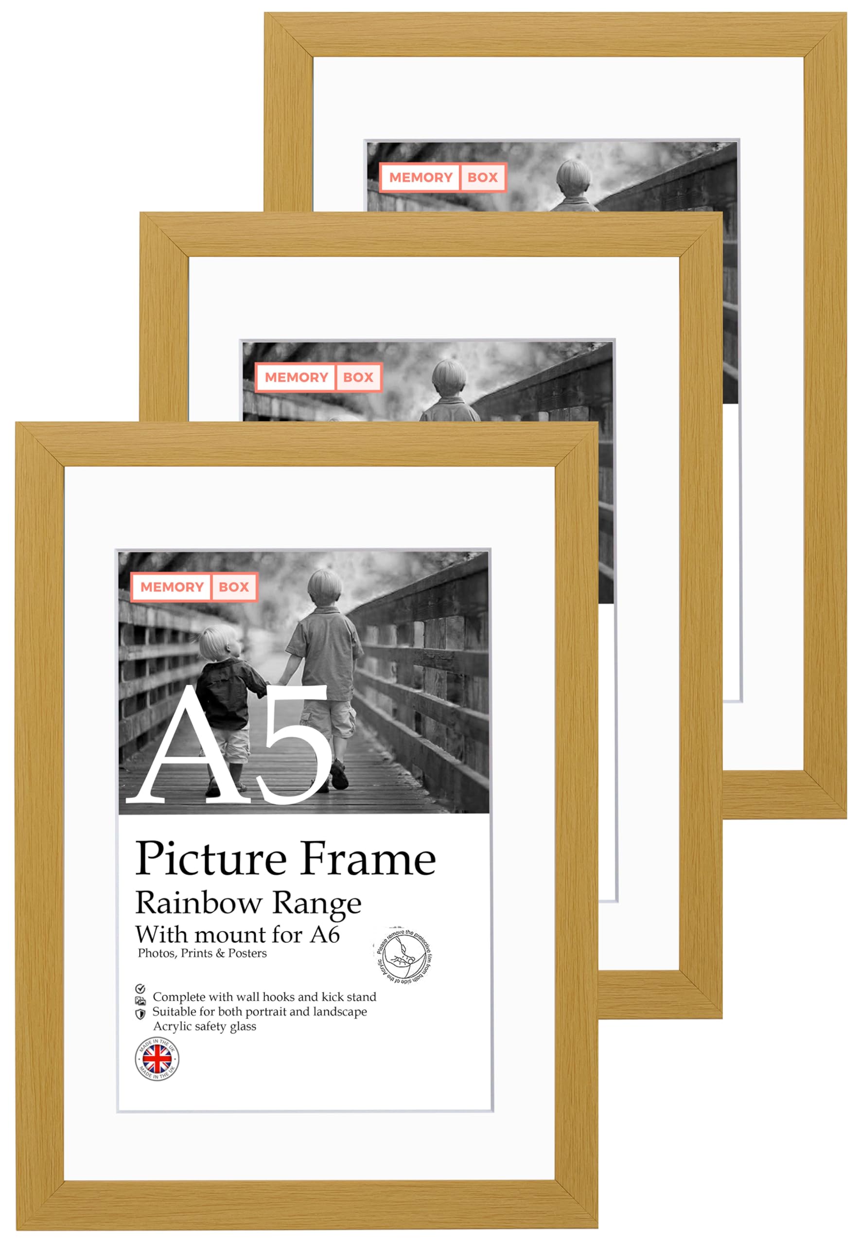 A5 Oak Picture Frame Set of 3, Perfect for Displaying A6 Pictures with Mount or A5 Pictures Without Mount, Gallery Wall, Posters, Photos, Artwork, or Prints, Oak