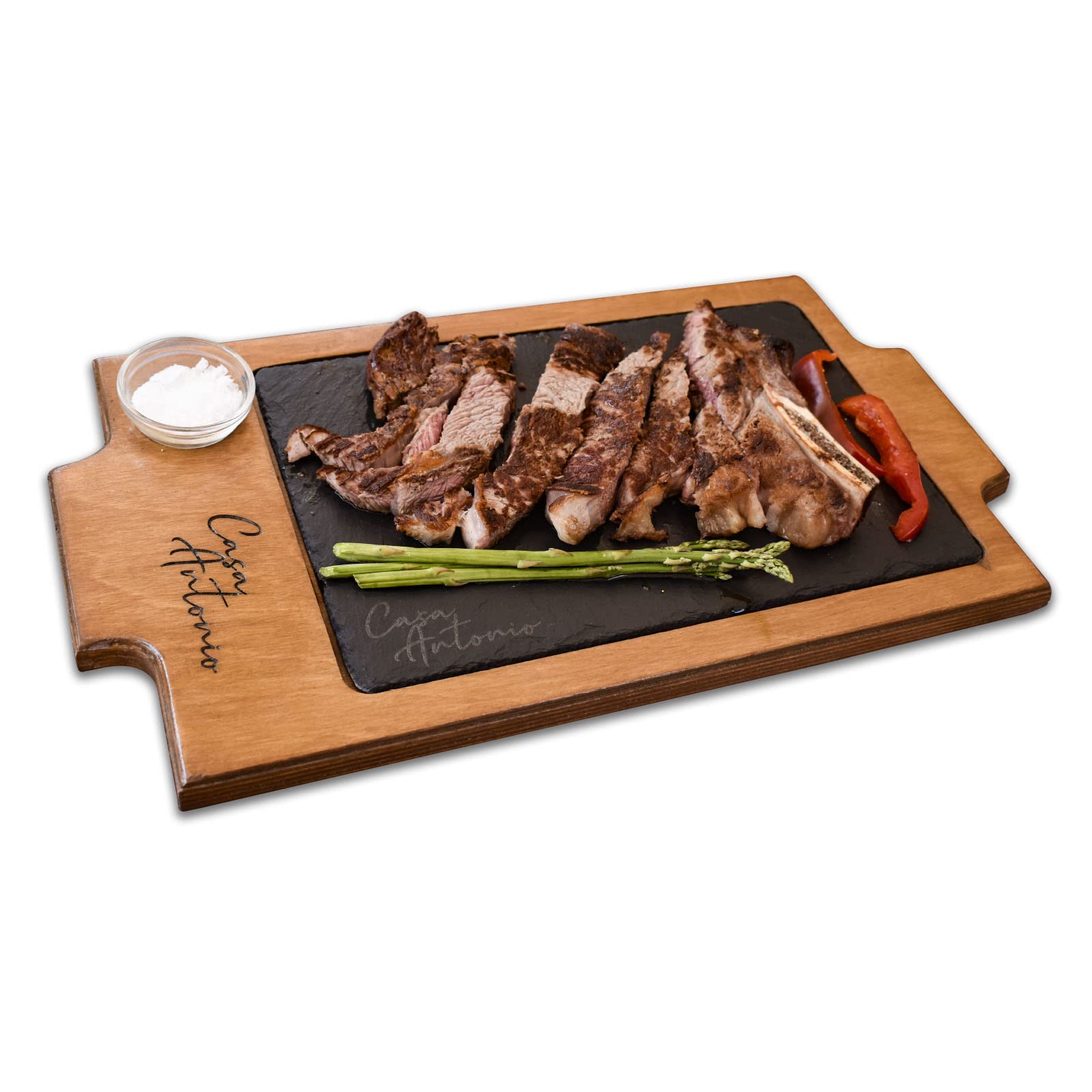 4 Platos de Pizarras Personalizados de 20x30 cm con Bandeja de Madera en Color Roble Personalizada para presentación de Carnes