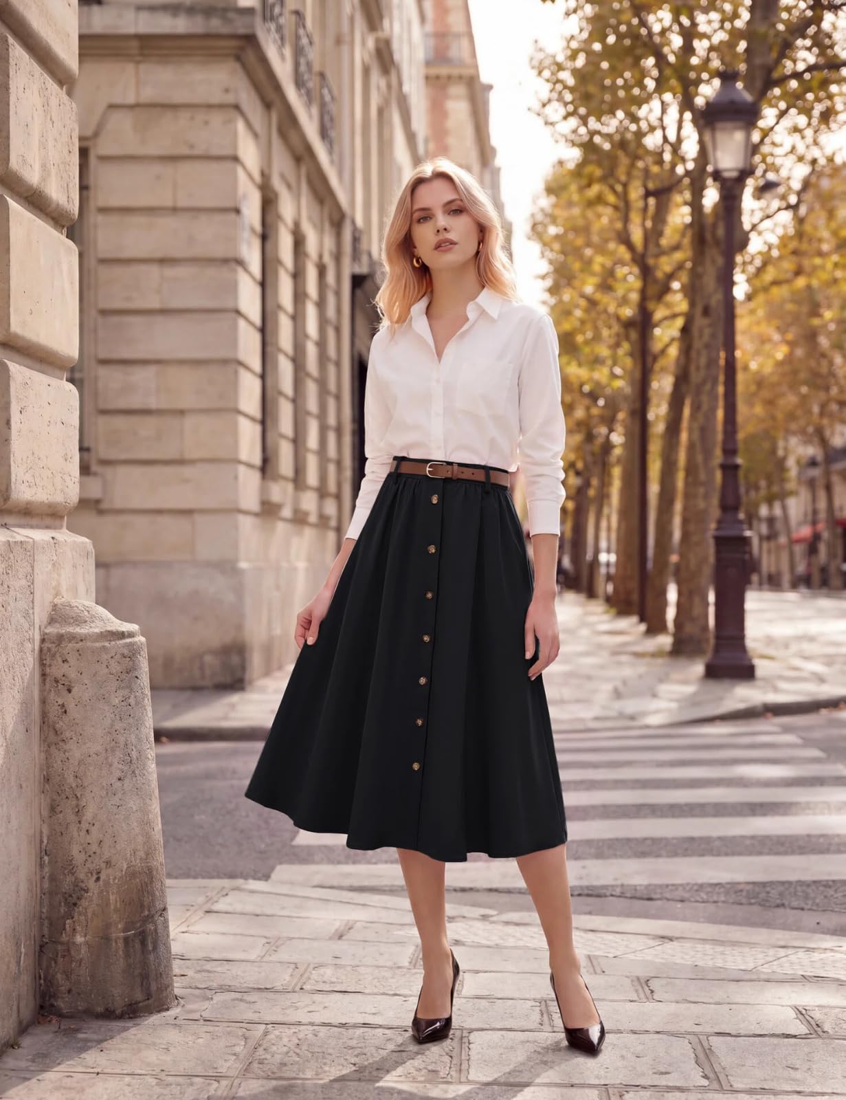 Belle Poque Klassisch Lässig Rock Damen A‑Linie Midi‑Rock elastischer Bund | Taschen und Knopfverschluss, leicht elastischer, klassisch lässiger Midi‑Rock