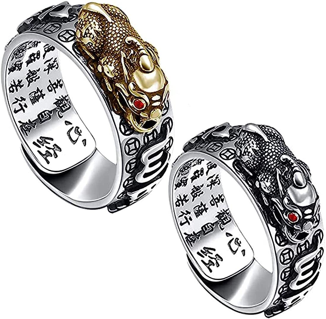Sterling Silver Adjustable Rings for Women,2PCS Feng Shui Pixiu Mantra Ring,990 Silver Feng Shui PiXiu MANI Mantra Protection Wealth Ring for Men,Feng Shui Ring for Wealth and Protection Good Luck Mon
