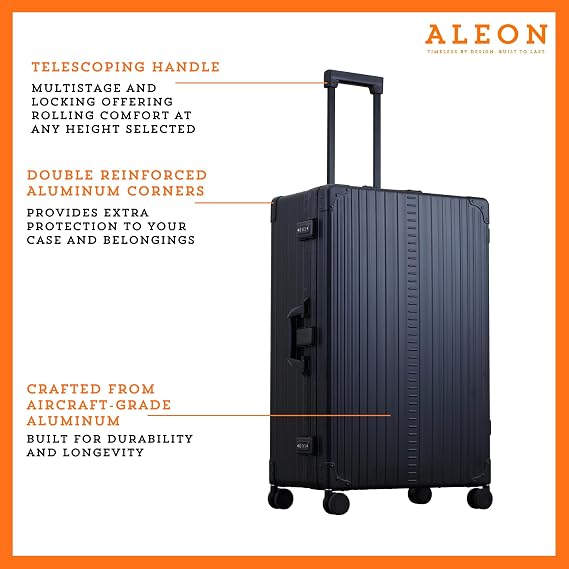 Aleon All Aluminum Lightweight 30 Premium Macro Traveler Hardside Checked Luggage with 4 Spinner Wheels, TSA Lock, Compression Board, Telescoping Handle, Ideal for International Travel (Onyx)