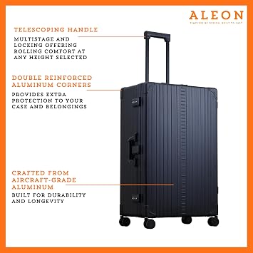 Aleon All Aluminum Lightweight 30 Premium Macro Traveler Hardside Checked Luggage with 4 Spinner Wheels, TSA Lock, Compression Board, Telescoping Handle, Ideal for International Travel (Onyx)