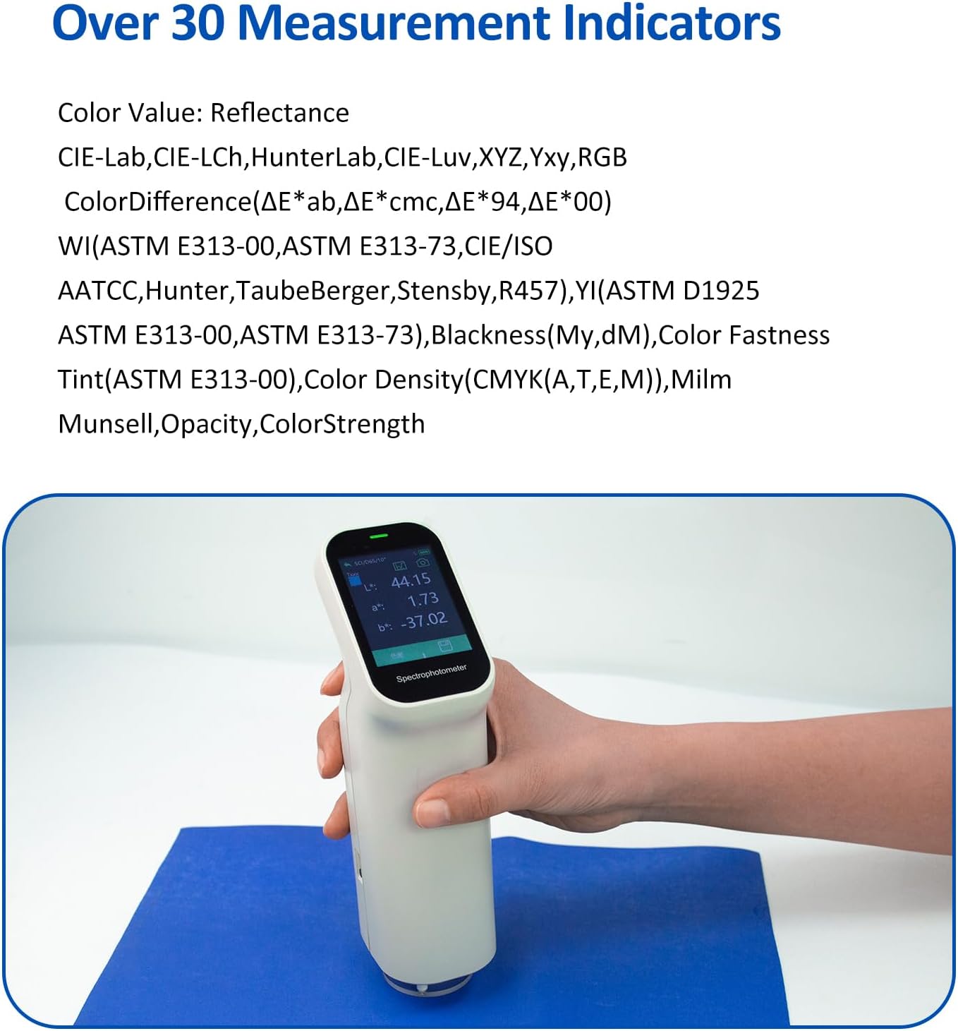 A hand holding the Irfora Portable Spectrophotometer over a blue surface, demonstrating a color measurement in progress.