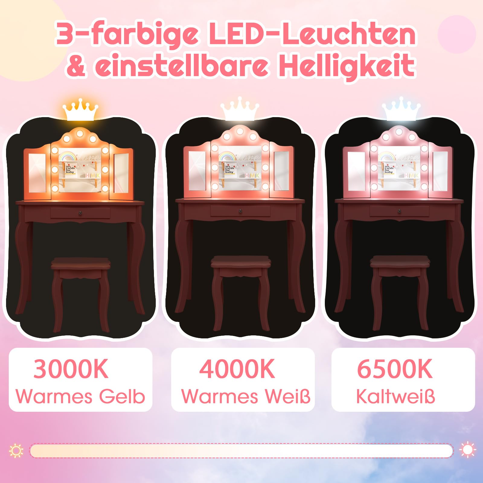 COSTWAY Make-uptafelset voor kinderen, prinsessen-kaptafel met inklapbare spiegel, make-upkruk en 3 laden