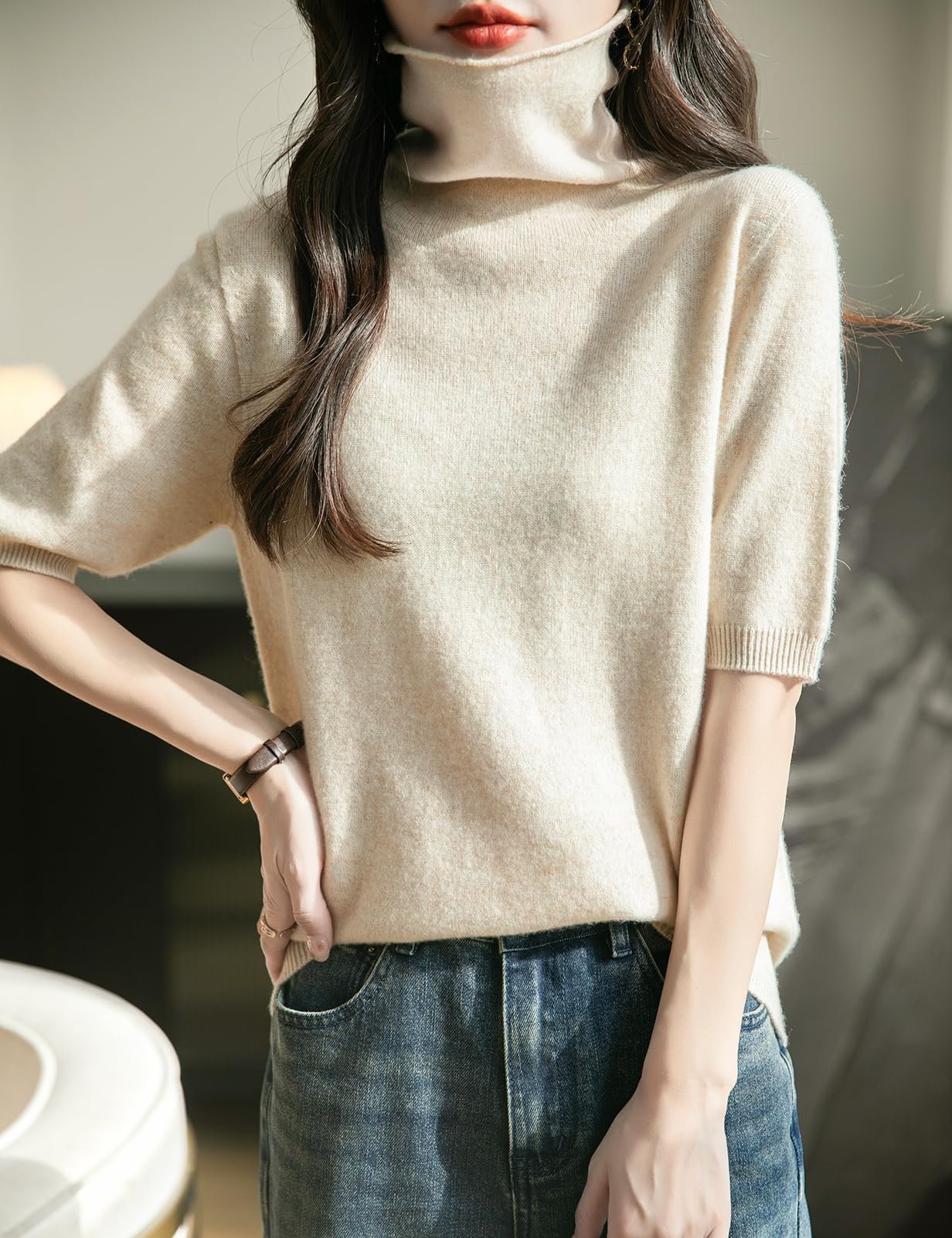Chanyarn Damen 100% Merinowolle Kurzarm Pullover 2025 Frühjahr Sommer Winter Weich Leicht Rollkragen Nahtloser Strickpullover Sweatshirt