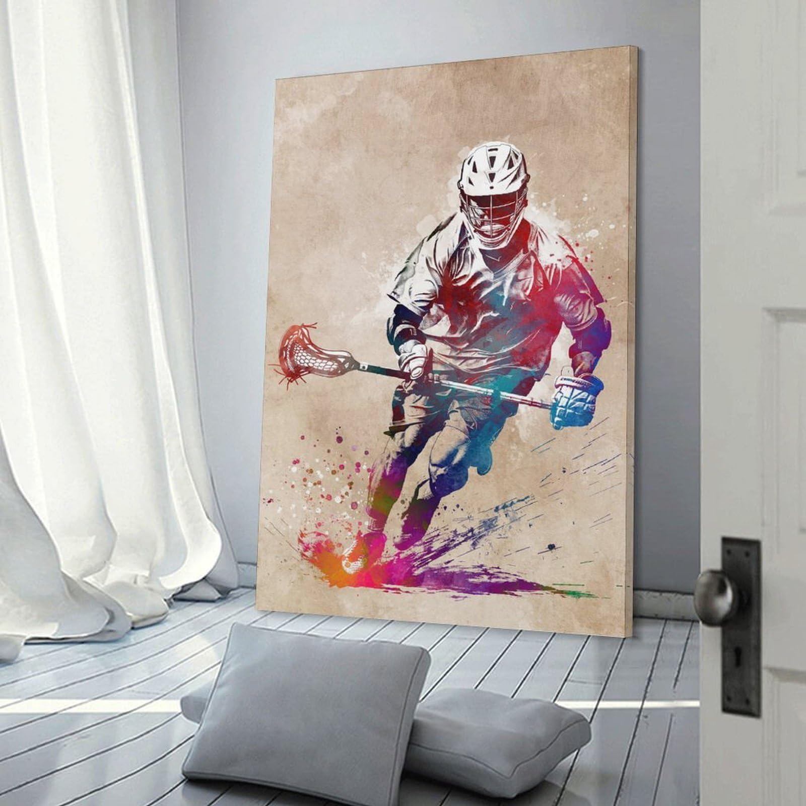Junmoney Canvas Wall Decor Lacrosse Player Watercolor Art, 08x12inch(20x30cm), for Gallery Wall Layouts in Home Or Office, Home Wall Art for Statement Displays