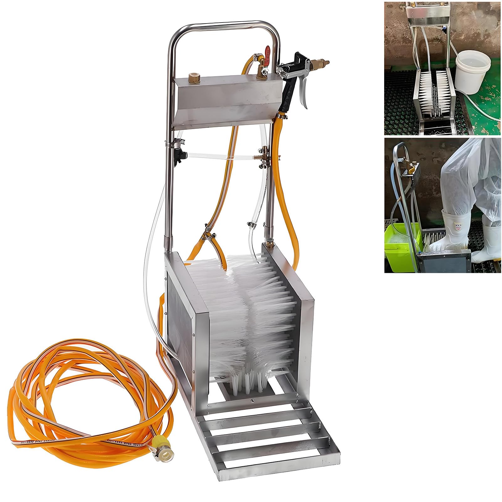 EpyGnom Boot Washing Station for Pig Farms, Stainless Steel Shoe Brush Scraper & Footwear Cleaner, with Water Spray Gun and 5m Hose, 360° All-Around Cleaning, for Livestock Farm