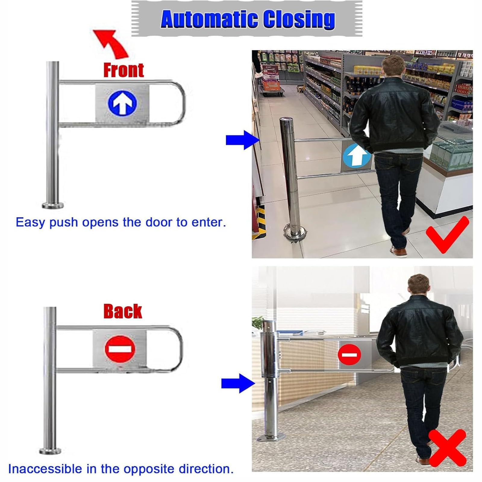 Puerta de seguridad oscilante resistente con cierre de resorte, apertura de 90°, barrera de metal, mecanismo de bloqueo automático, ideal para seguridad industrial de fábrica y pasillo de supermercado