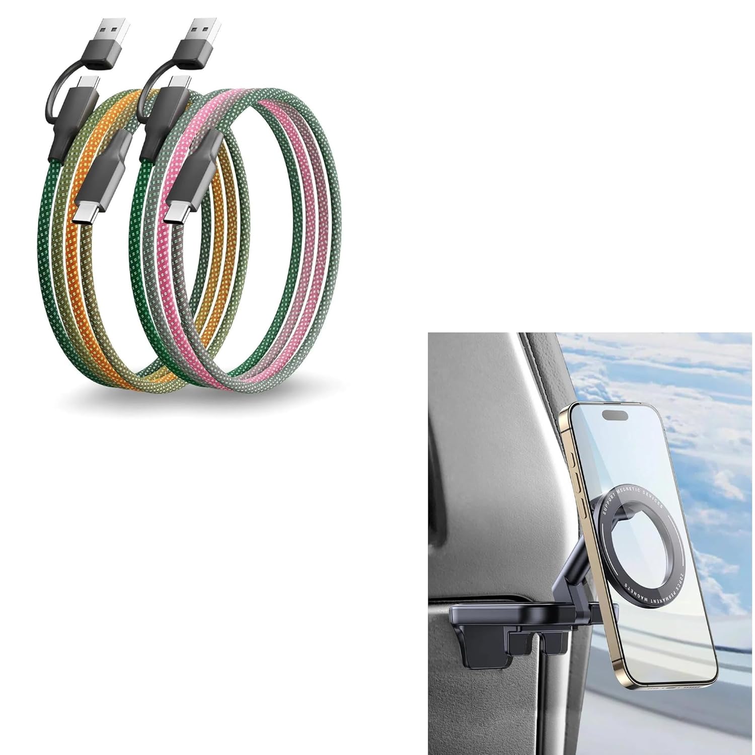 Airplane Phone Holder & Charging Cable Bundle, MagSafe Magnetic Phone Mount + USB-C to Lightning Cable 2 Pack, Hands-Free Travel Essentials for Flights, Airports, Long Trips