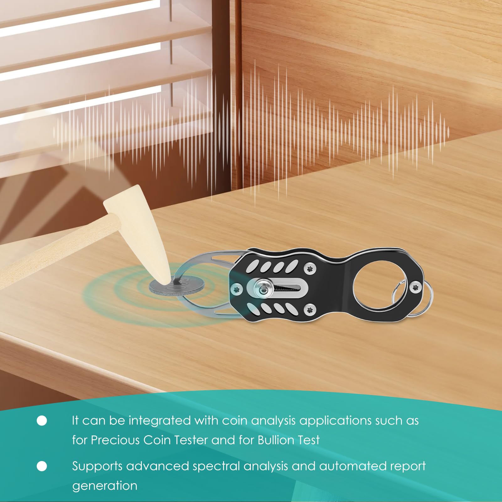 Pocket Pinger - Tester per monete con martello e lente d'ingrandimento, strumento portatile per la risonanza sonora e la verifica delle dimensioni dell'oro e dell'argento, per collezionisti