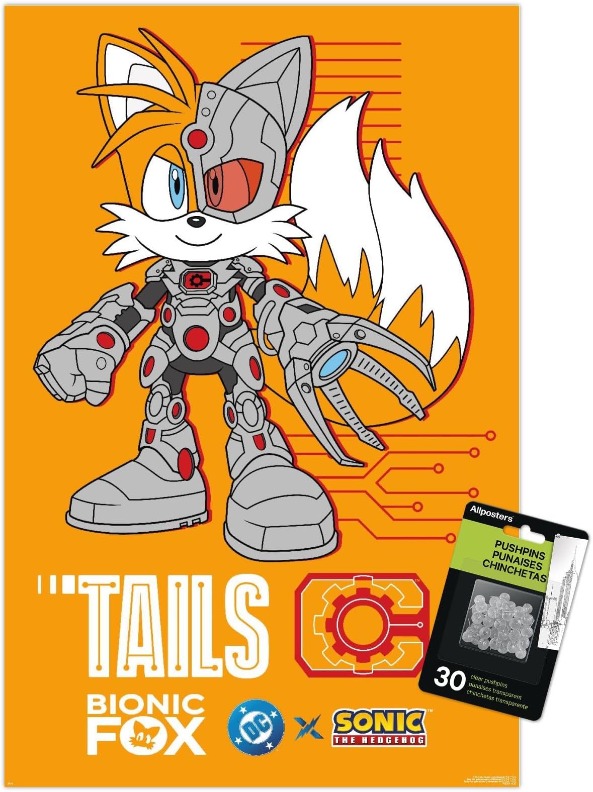 DC X Sonic The Hedgehog - Tails Bionic Fox Wall Poster with Push Pins, 22.4L" x 14.7W", Premium Poster & Push Pin Bundle