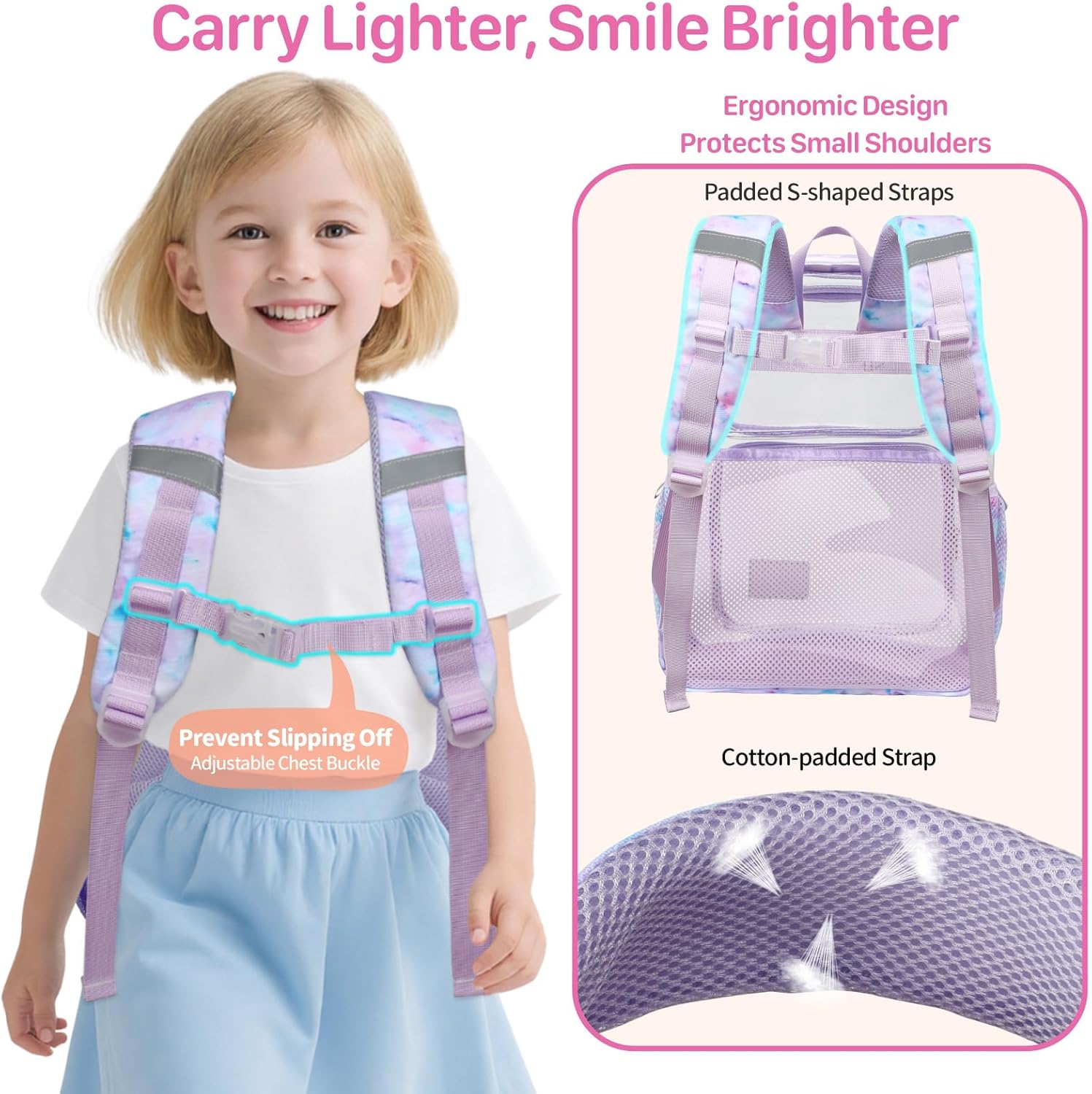 Bagseri Clear Backpack for Girls - 15 Inch Heavy Duty Kids Clear Bookbag for Kindergarten to Grade 2, Transparent School Bag with Reflective Strip, Fits Folders, Purple Tie-dye - Image 4