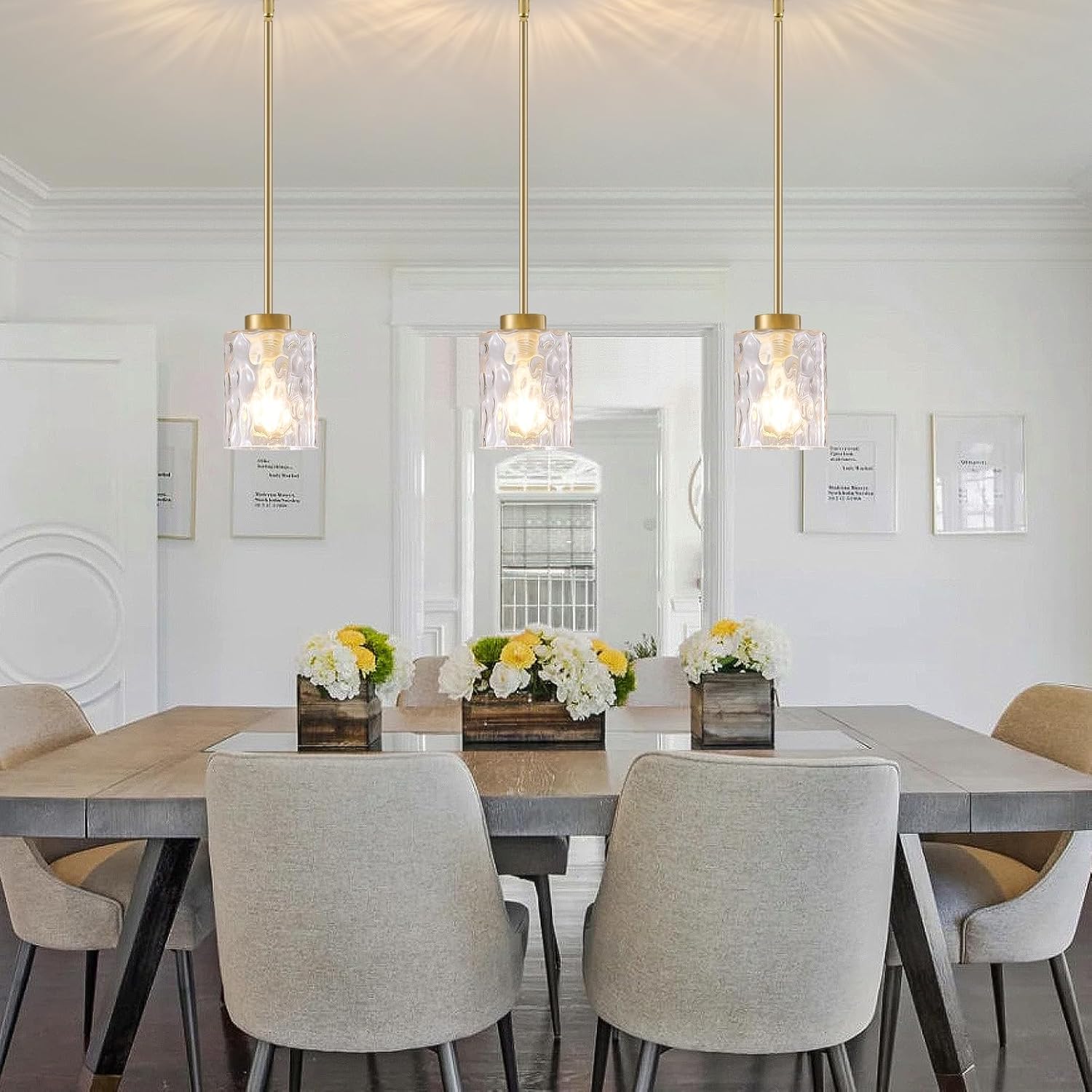 MWZ Brushed Gold Pendant Lights Kitchen Island 3 Pack, Modern Hanging Island Pendant Lights Over Sink with Hammered Glass Shade,Small Chandeliers Fixtures Adjustable Hanging Lighting for Table Bedroom