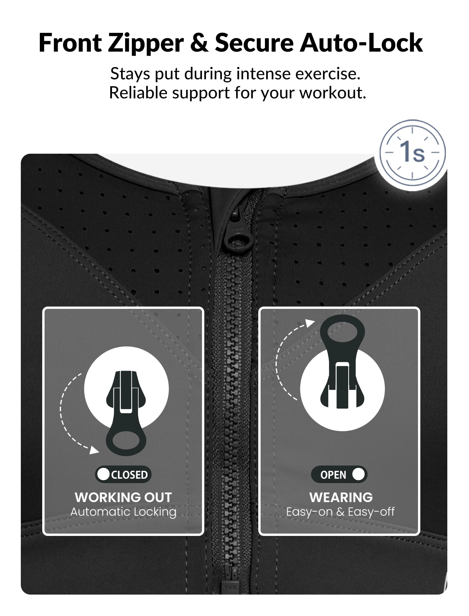 Yvette Soutien-gorge de sport réglable pour femme - Fort impact - Fermeture éclair sur le devant - Grande taille - Sans armature - Pour la course à pied et l'entraînement, noir, L grande taille