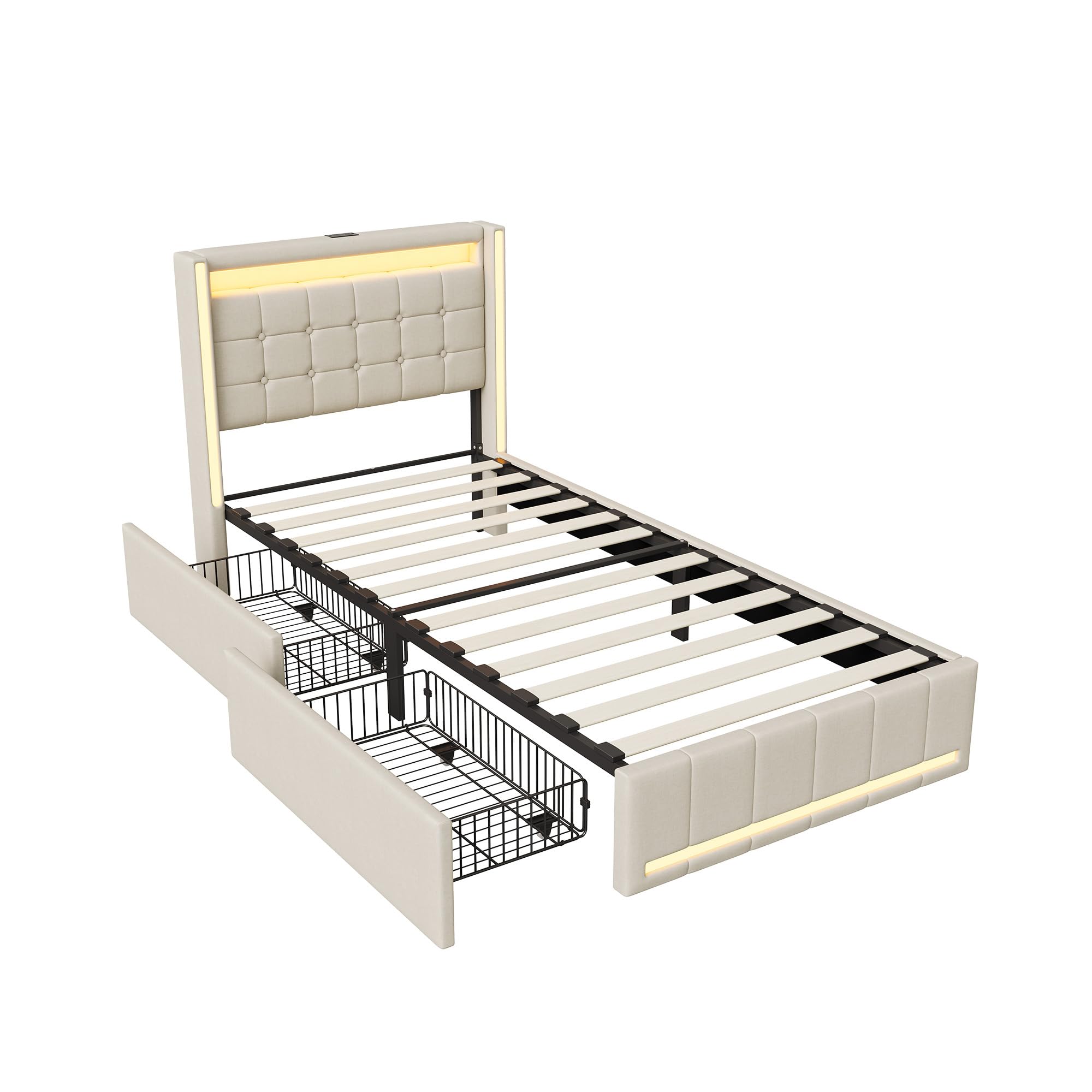 Cama tapizada 90 x 200 cm con espacio de almacenamiento, cama individual con cajones, cama juvenil con iluminación LED y estación de carga, estructura de cama con marco de metal y somier de