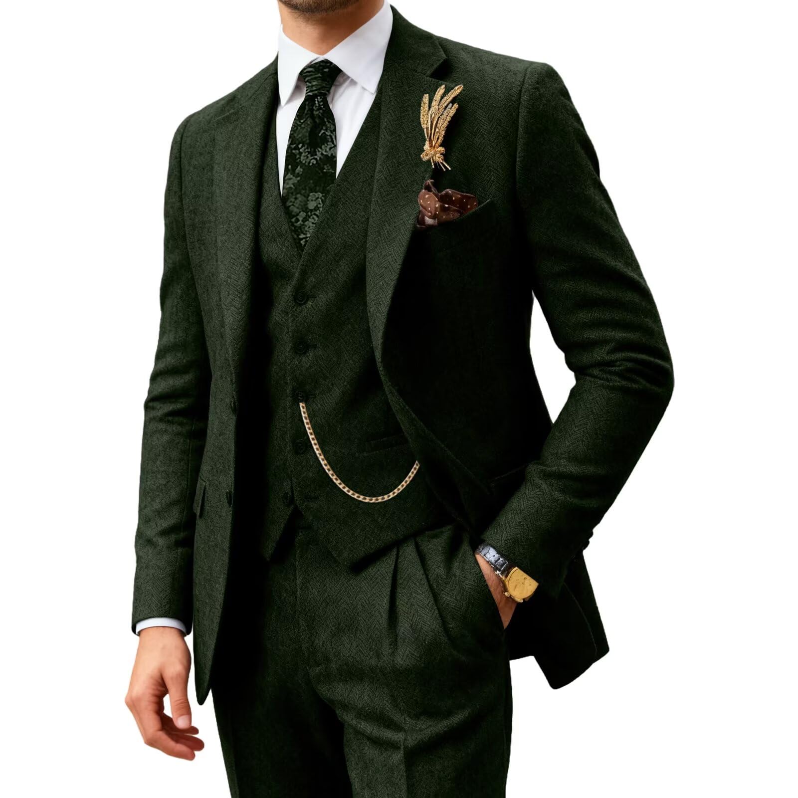 Classic Men Suit Regular Fit 3 Piece Tweed Herringbone Wool Jacket Tuxedos Wedding Grooms Blazer Vest Pants for Wedding, Brown, M