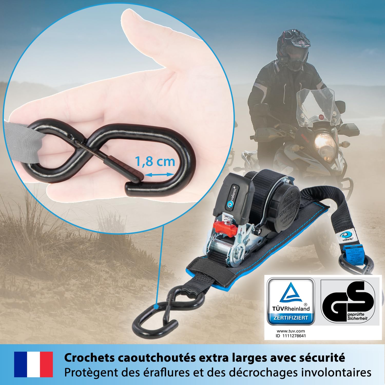 valonic Panda - 2X 5m Sangle d'arrimage Automatique avec Mousqueton Crochet, 25mm, 300/600 Kg, rembourrée, Certifié TÜV Rheinl. / GS, en 12195-2 - avec cliquet, Noir
