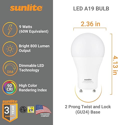 Miniatura 2 de Sunlite Bombilla regulable A19 GU24, 9 vatios (60 WEquivalent), 800 lúmenes, base LED de giro y bloqueo de 2 puntas, 90 CRI, clasificación ETL para