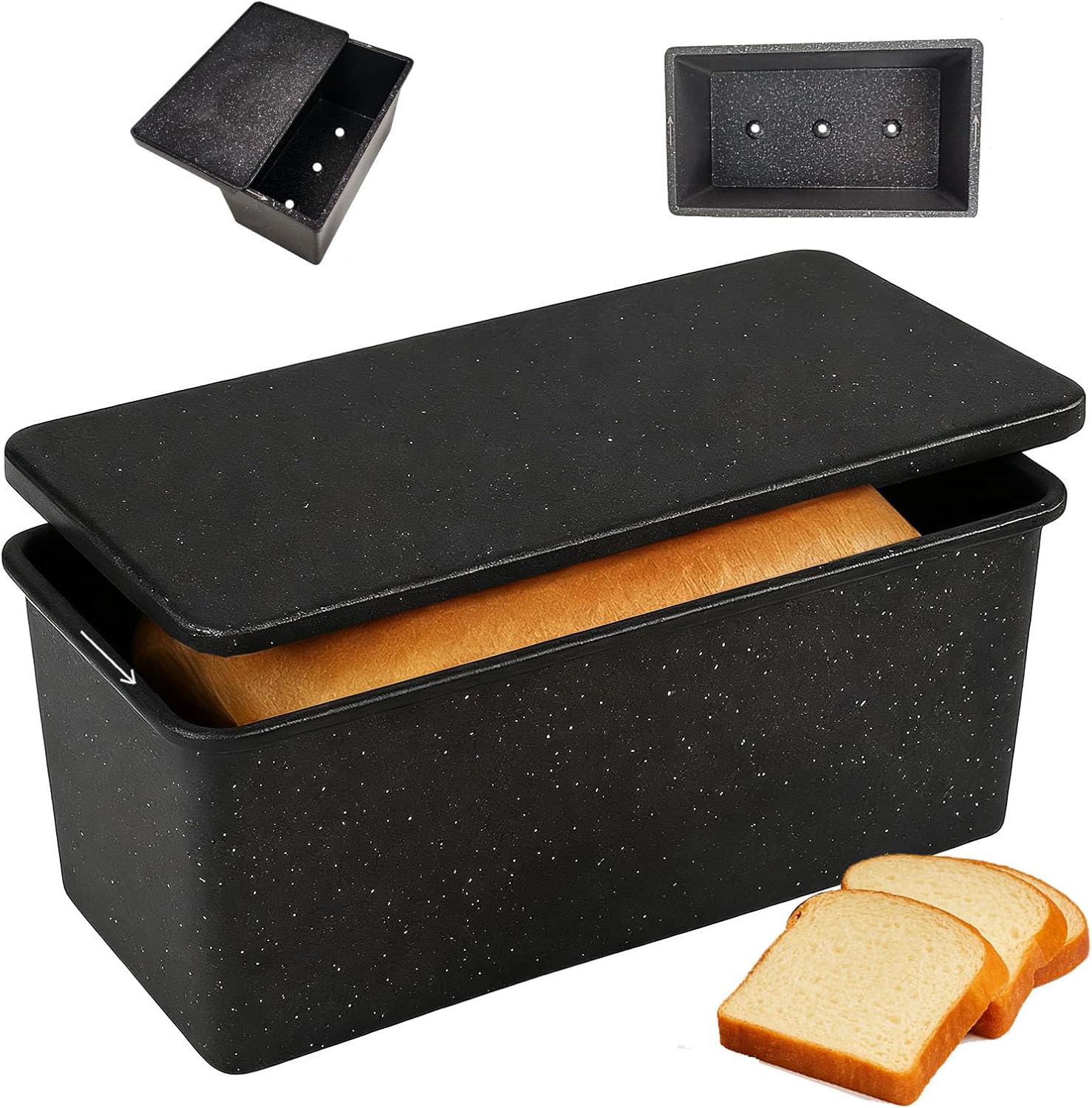 Cast Aluminum Pullman Loaf Pan with Lid, 8x4 Inch Nonstick Professional Bread Pan for Sourdough, Heavy Duty Warp-Proof, Superior Even Heat Distribution, Speckled Black