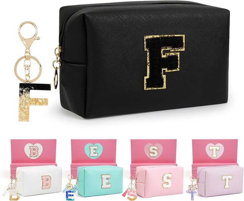 Necessaire de maquiagem AIBFRID em couro PU preta com zíper, estampa de letra, modelo F