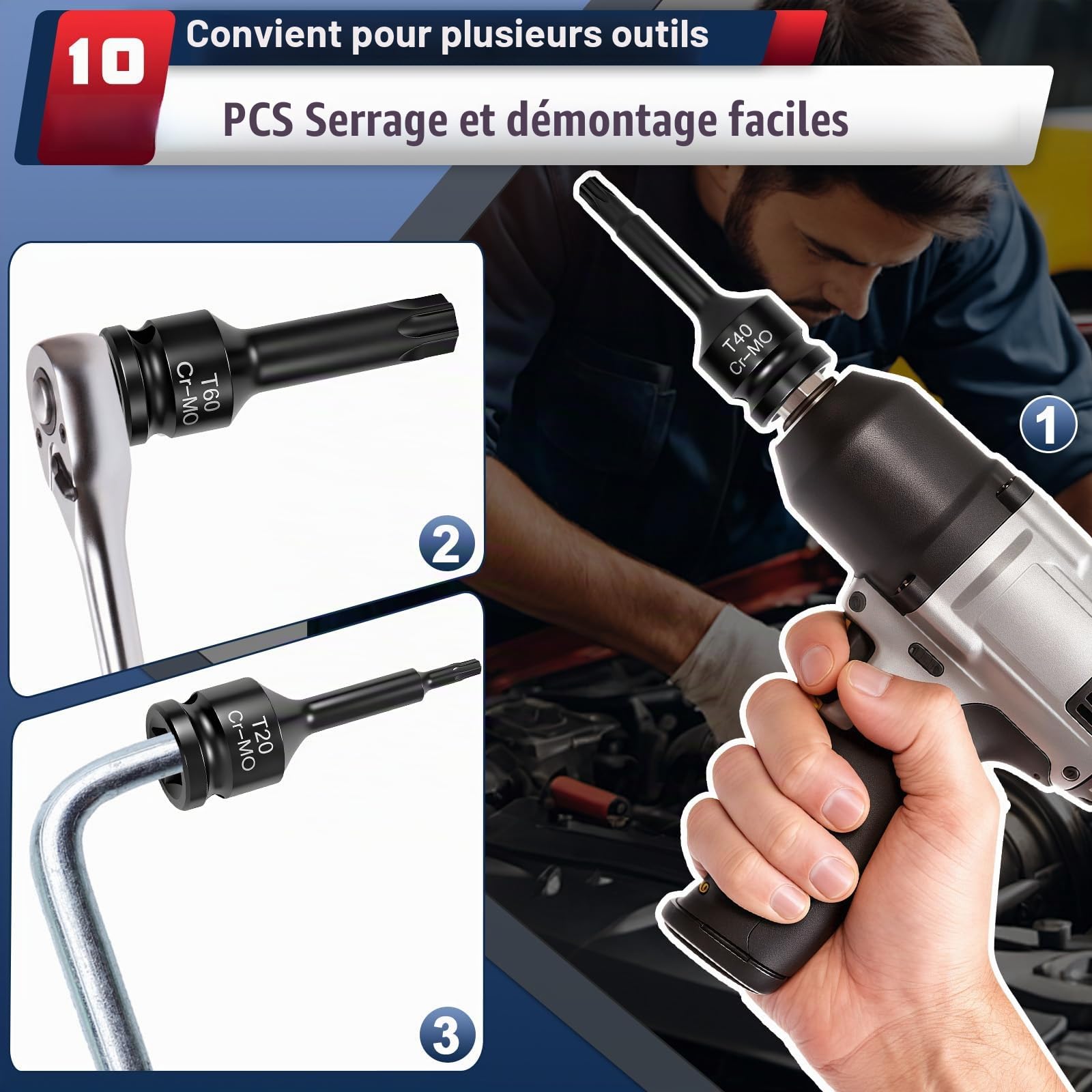 10 Pièces Douille Hexagonale Mâle 1/2"(T20,T25,T27,T30,T35,T40,T45,T50,T55,T60) Douille à Six Pans en CR-MO pour vis Torx