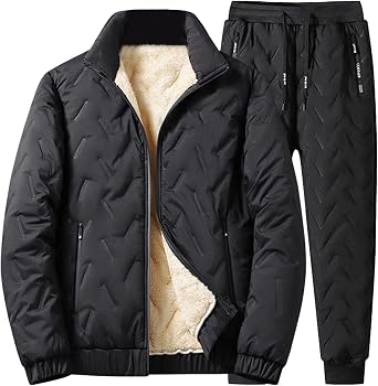 Mens Track Suit Set Plain Fleece Padded Quilted Fluff Warm Jacket Top Joggers Bottom Tracksuit Sweatsuit Jogging Joggers Set Winter Coat 2 Zip Pockets Thermal Fleece Lined Workout Full Zip Thick Coats
