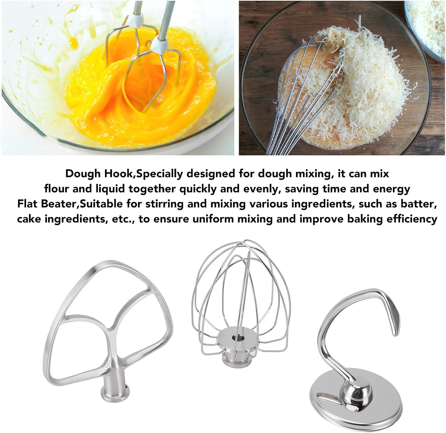 3pcs Stand Mixer Attachment Set, Multifunctional Accessories with Dough Hook, Flat Beater, and Wire Whip for Mixer, Easy to Install and Replace, Stainless Steel Stand Mixer Parts