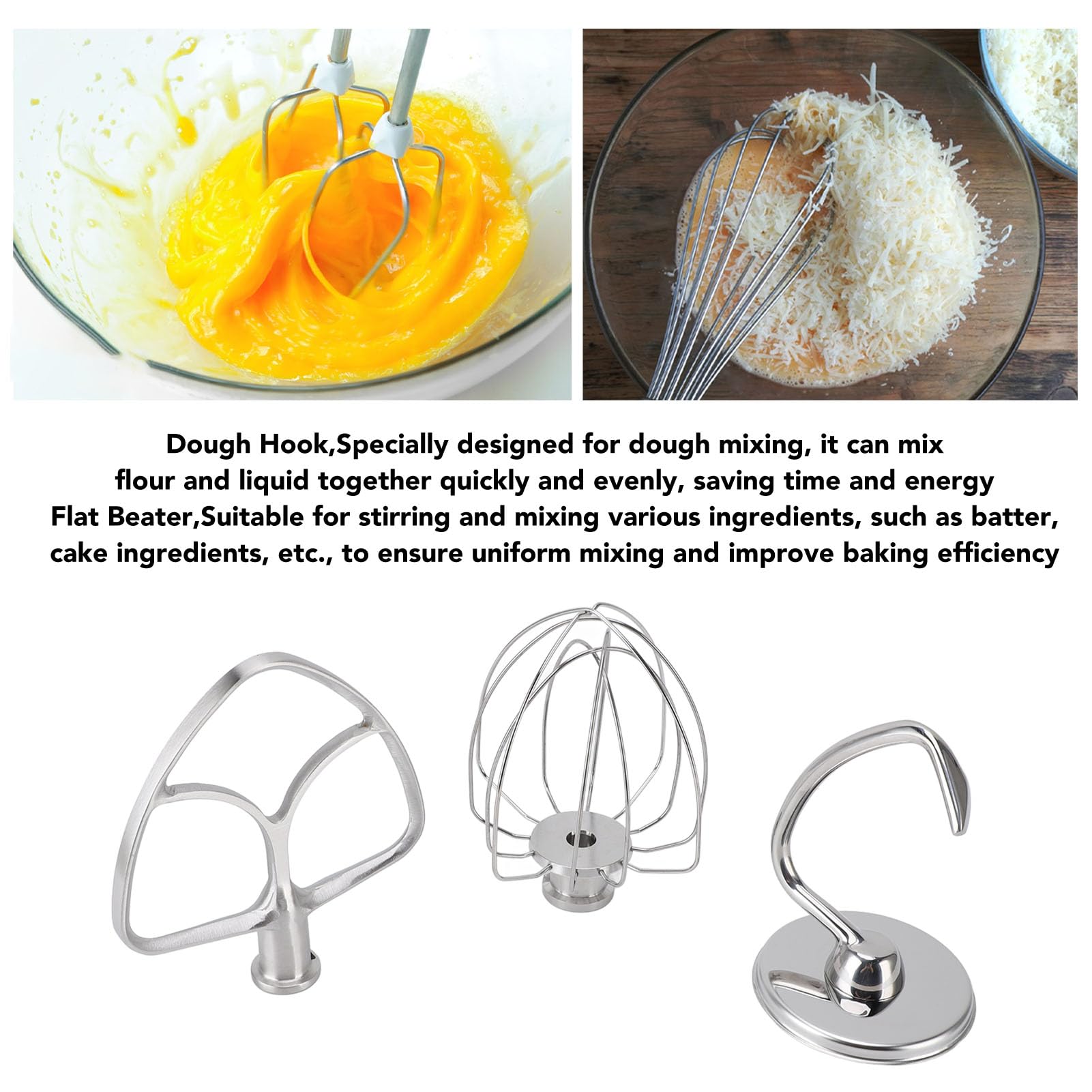 Septpenta Lot de 3 Accessoires pour Batteur sur Socle, Accessoire d'Aide à la Cuisine de Remplacement, Crochet Pétrisseur en Acier Inoxydable, Fouet Plat, Fouet Métallique, Accesso